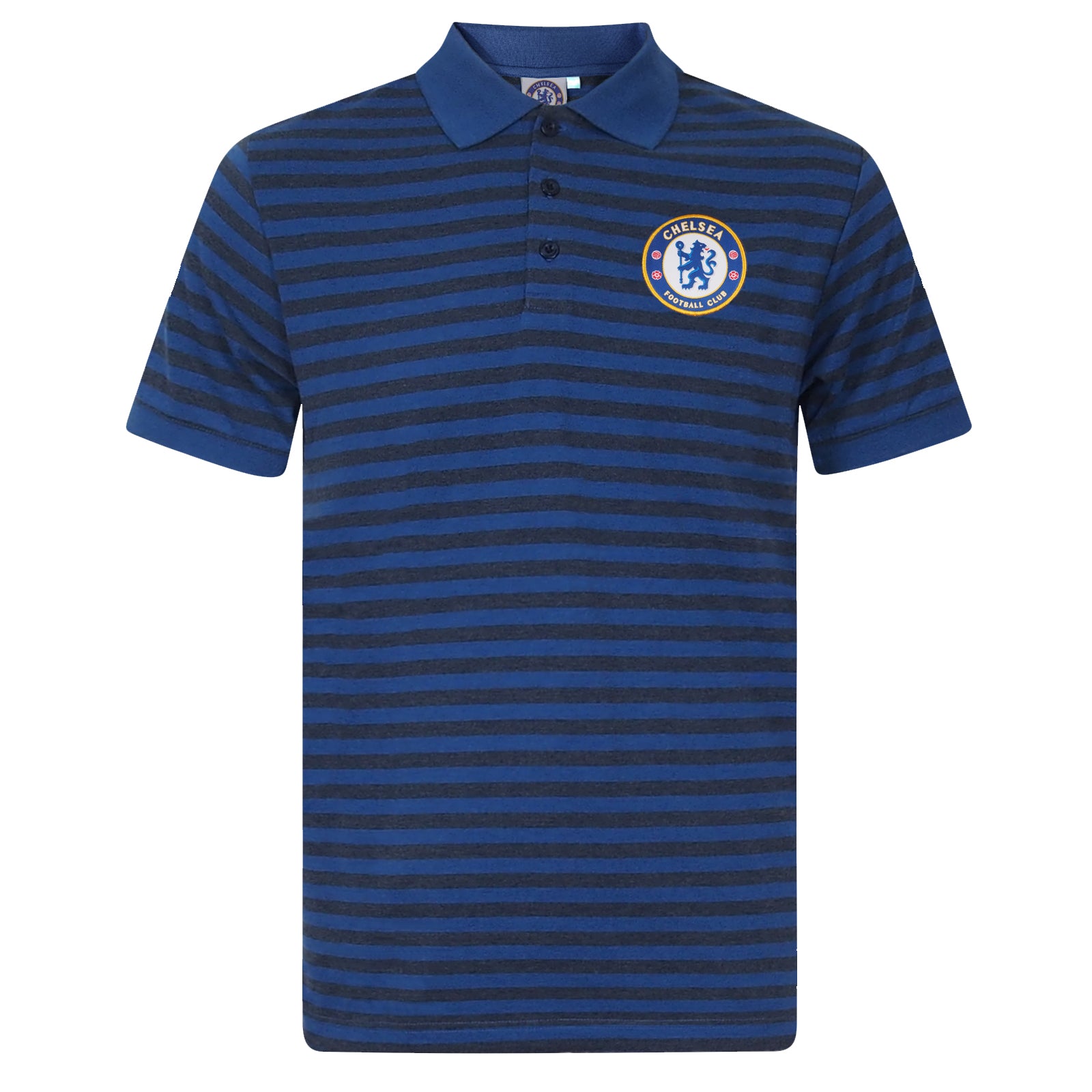 Chelsea adults striped polo shirt for adults in blue marl with club crest to chest.