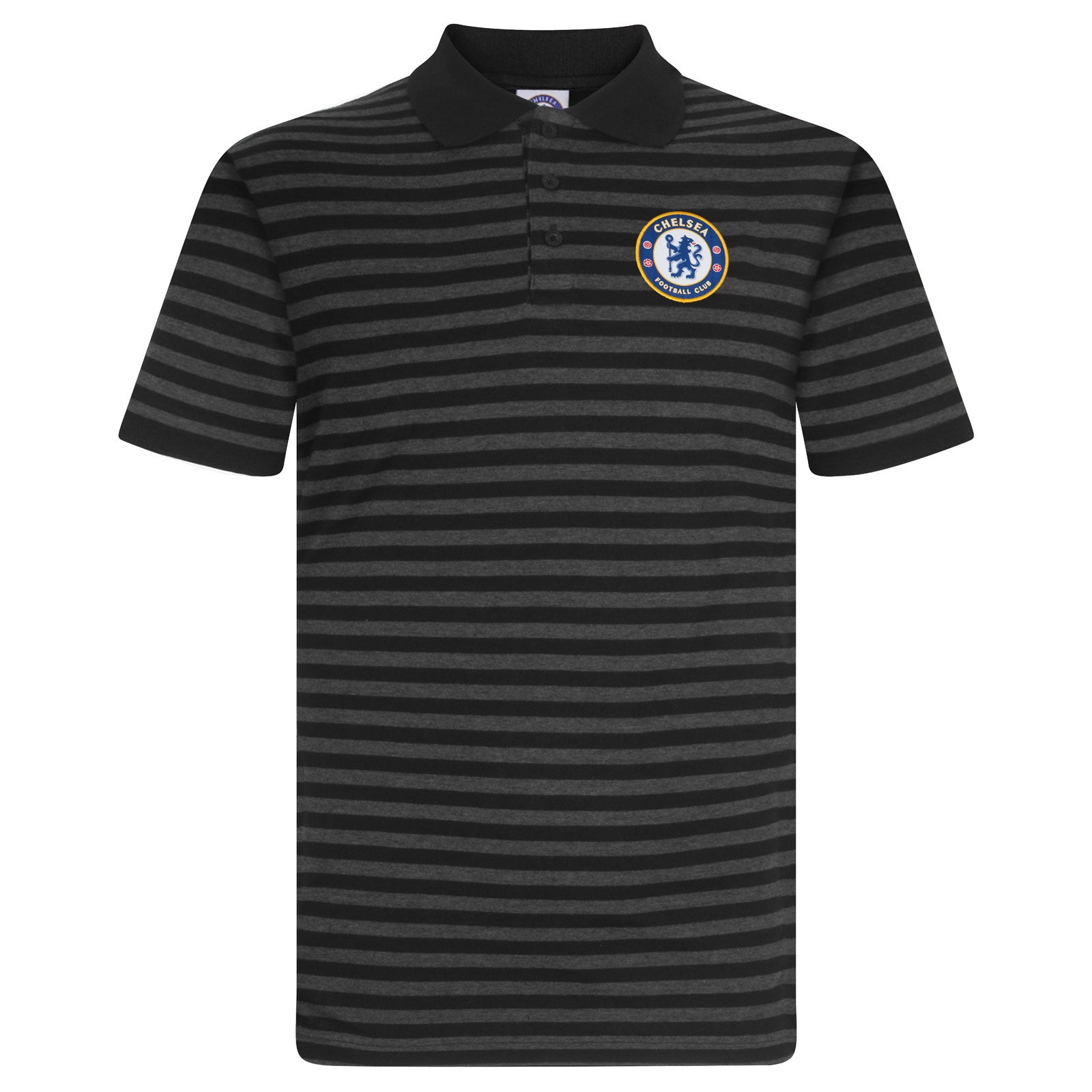 Chelsea adults striped polo shirt for adults in blue & grey with club crest to chest.