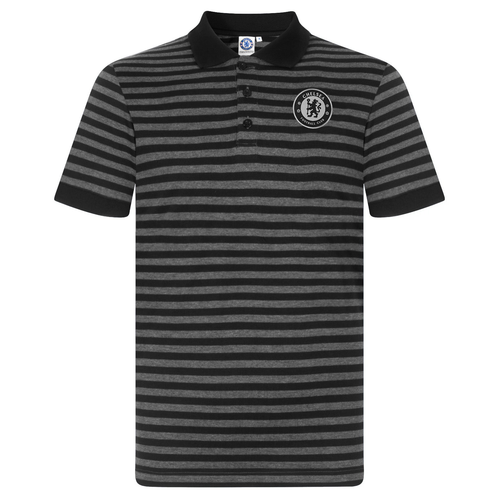 Chelsea adults striped polo shirt for adults in blue & grey with club crest to chest.
