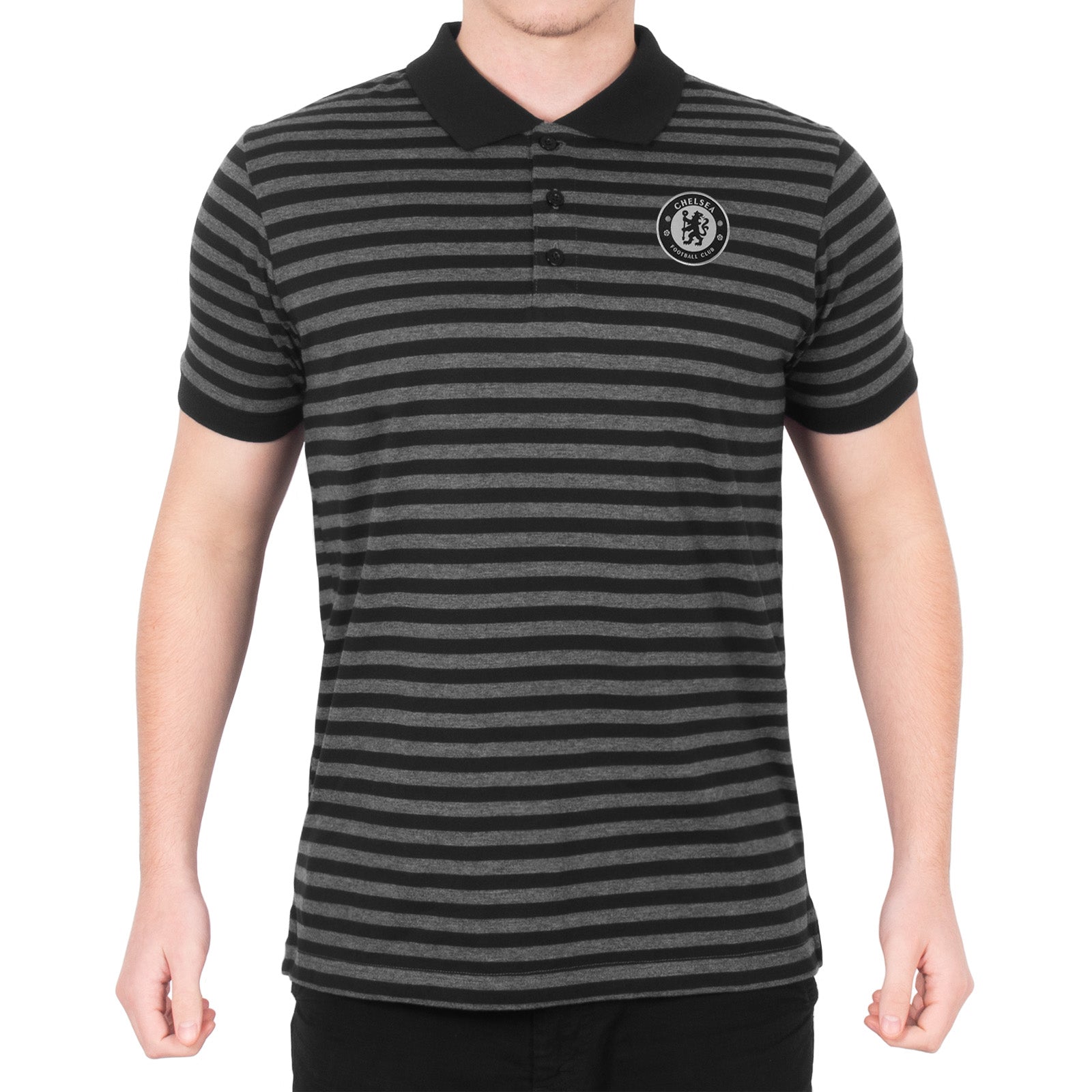 Chelsea adults striped polo shirt for adults in blue & grey with club crest to chest.