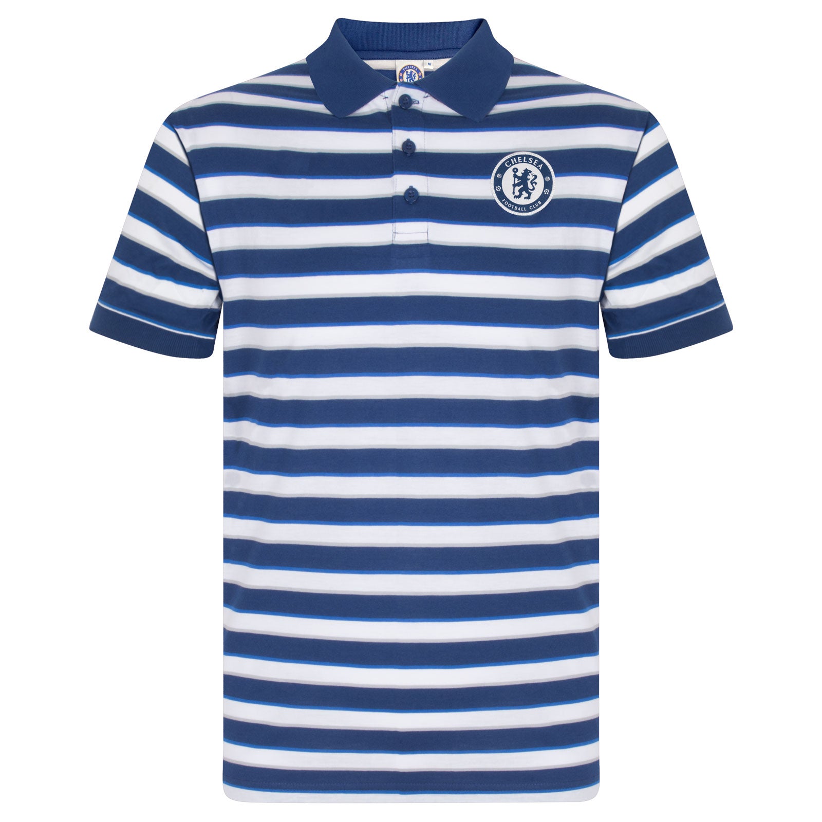 Chelsea adults striped polo shirt for adults in royal blue with club crest to chest.