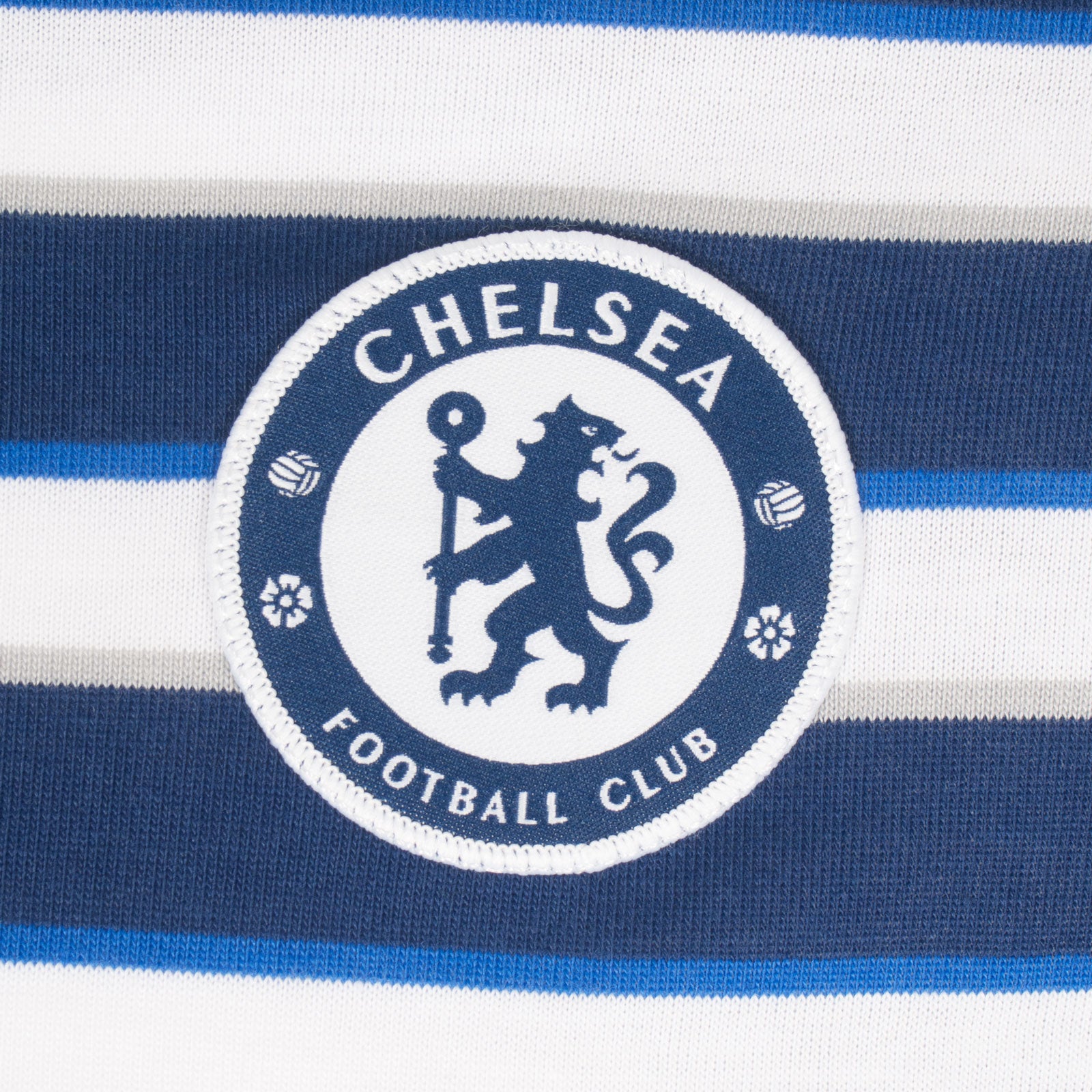 Chelsea adults striped polo shirt for adults in royal blue with club crest to chest.