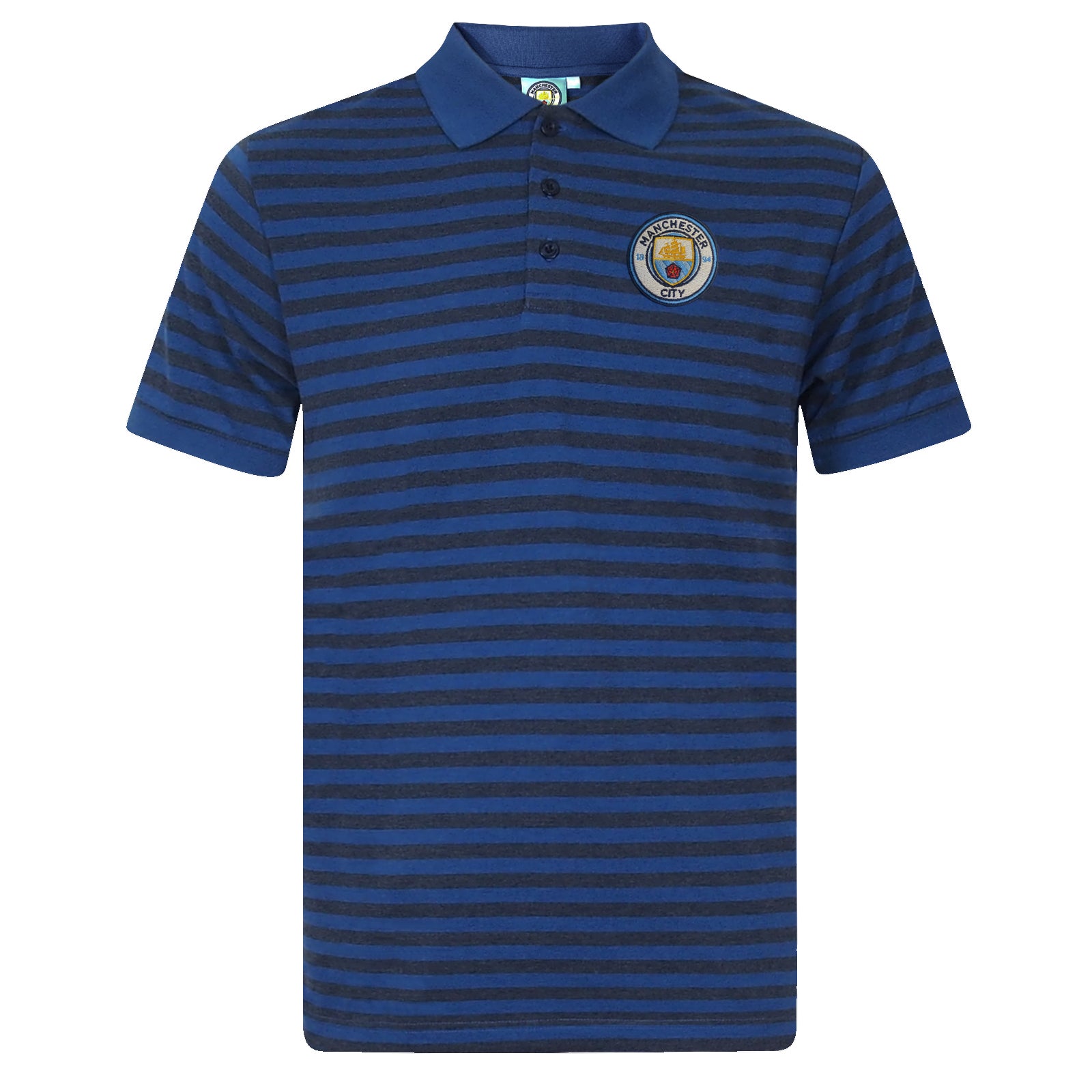 Man City adults striped polo shirt in blue with club crest to chest.