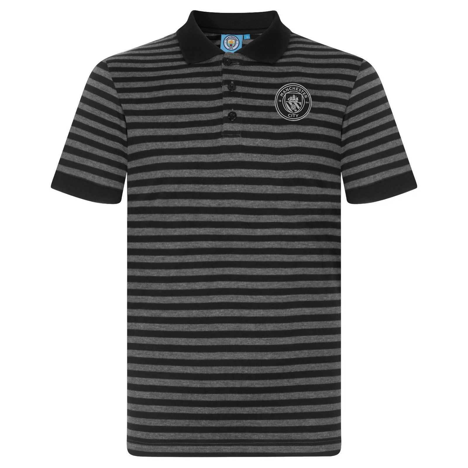 Man City long sleeve polo shirt for kids in black & grey with club crest to chest.