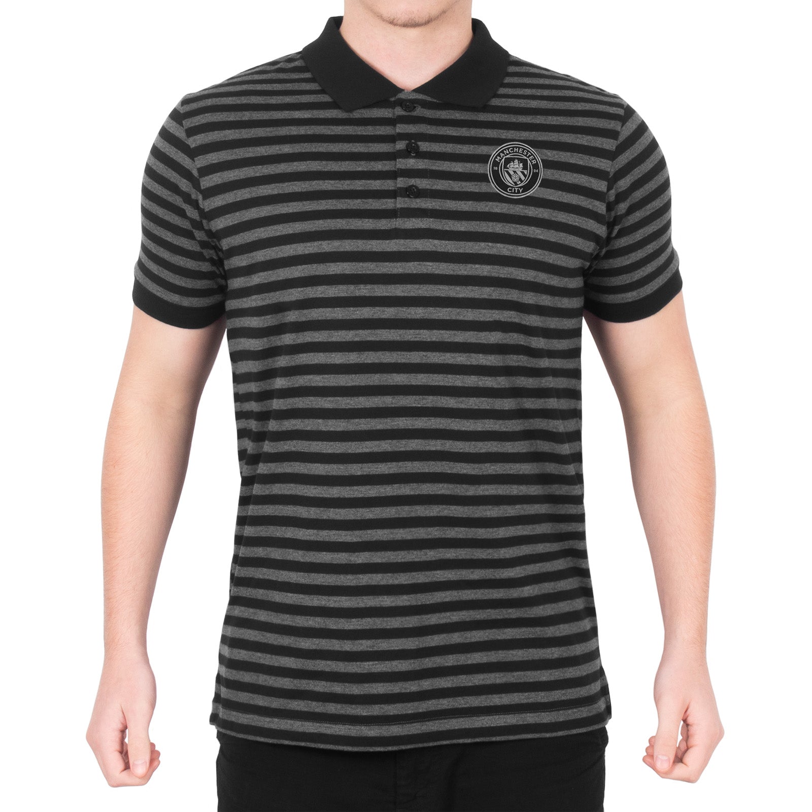 Man City long sleeve polo shirt for kids in black & grey with club crest to chest.