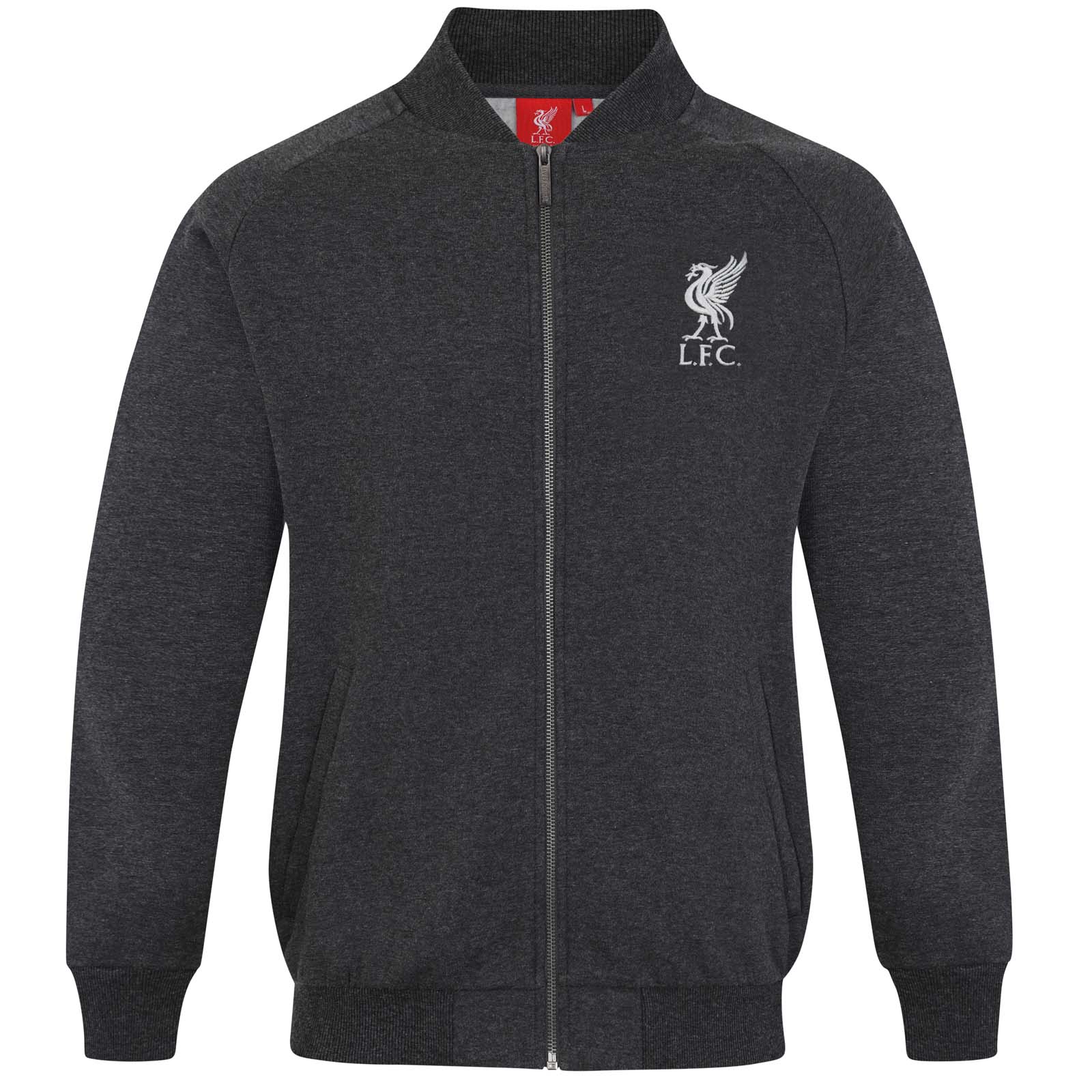 Liverpool adults retro varsity jacket, fleece in charcoal grey with club crest to chest.