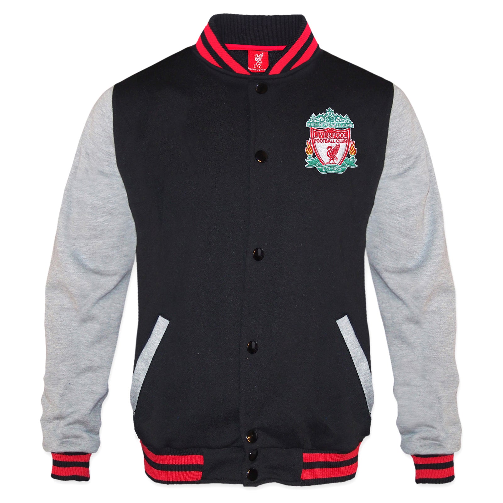 Liverpool adults retro varsity jacket, fleece in black with club crest to chest.