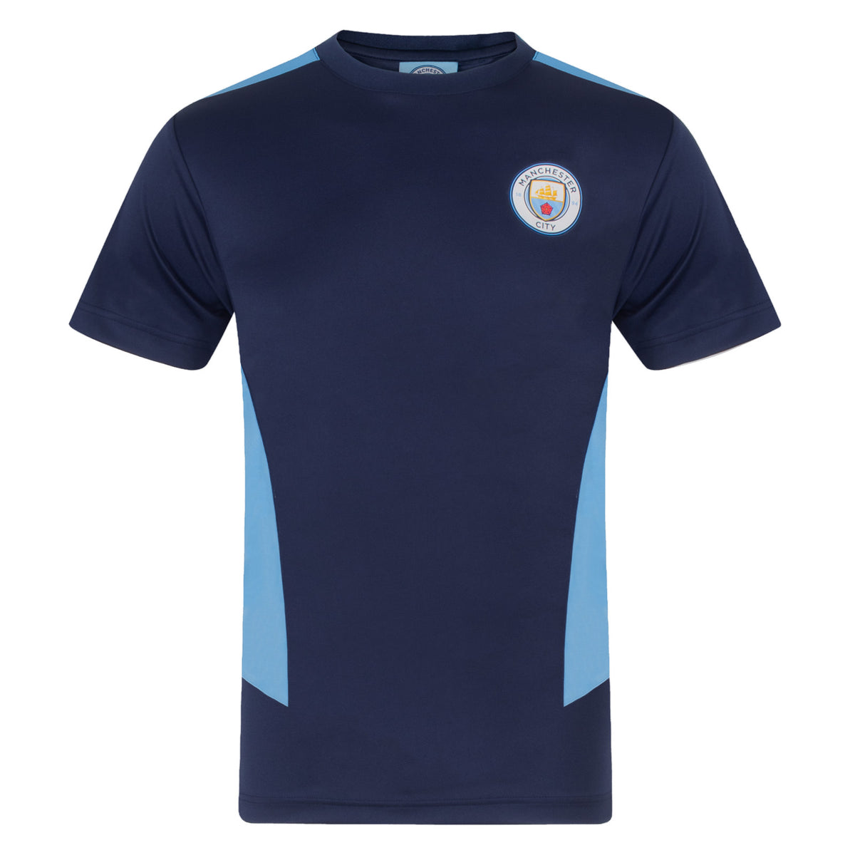 Man City adults T-shirt in navy & sky blue stripe with club crest to chest