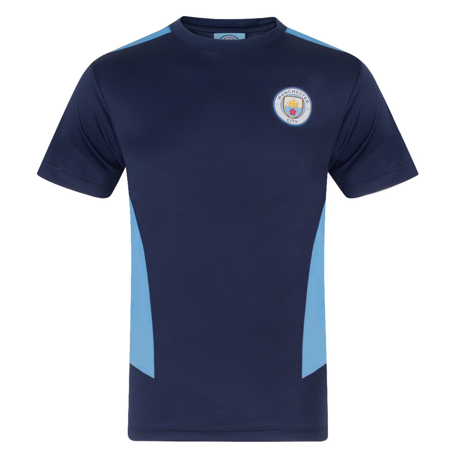 Man City adults T-shirt in navy & sky blue stripe with club crest to chest