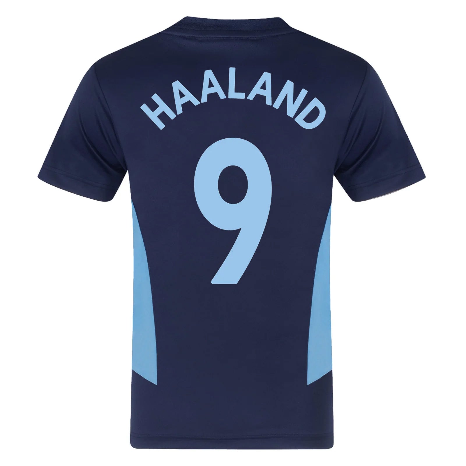 Man City adults T-shirt in navy & sky blue stripe with club crest to chest