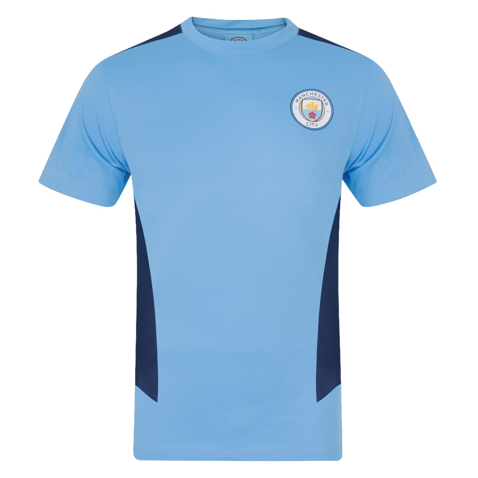 Man City adults T-shirt in sky blue with club crest to chest.