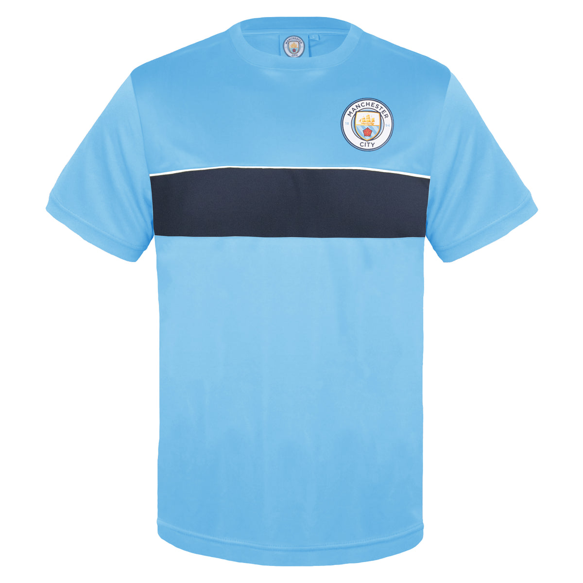 Man City adults T-shirt in sky blue with club crest to chest.