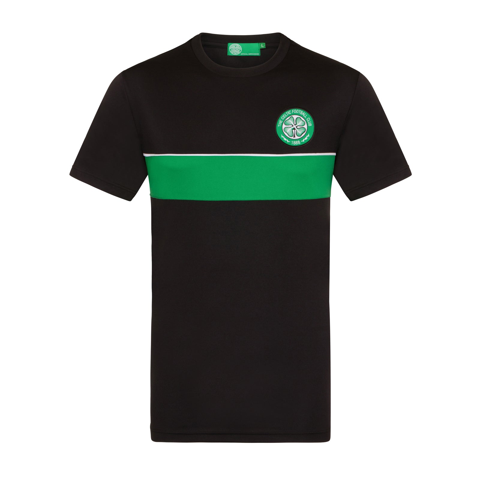 Celtic adults T-shirt in black & green stripe with club crest to chest