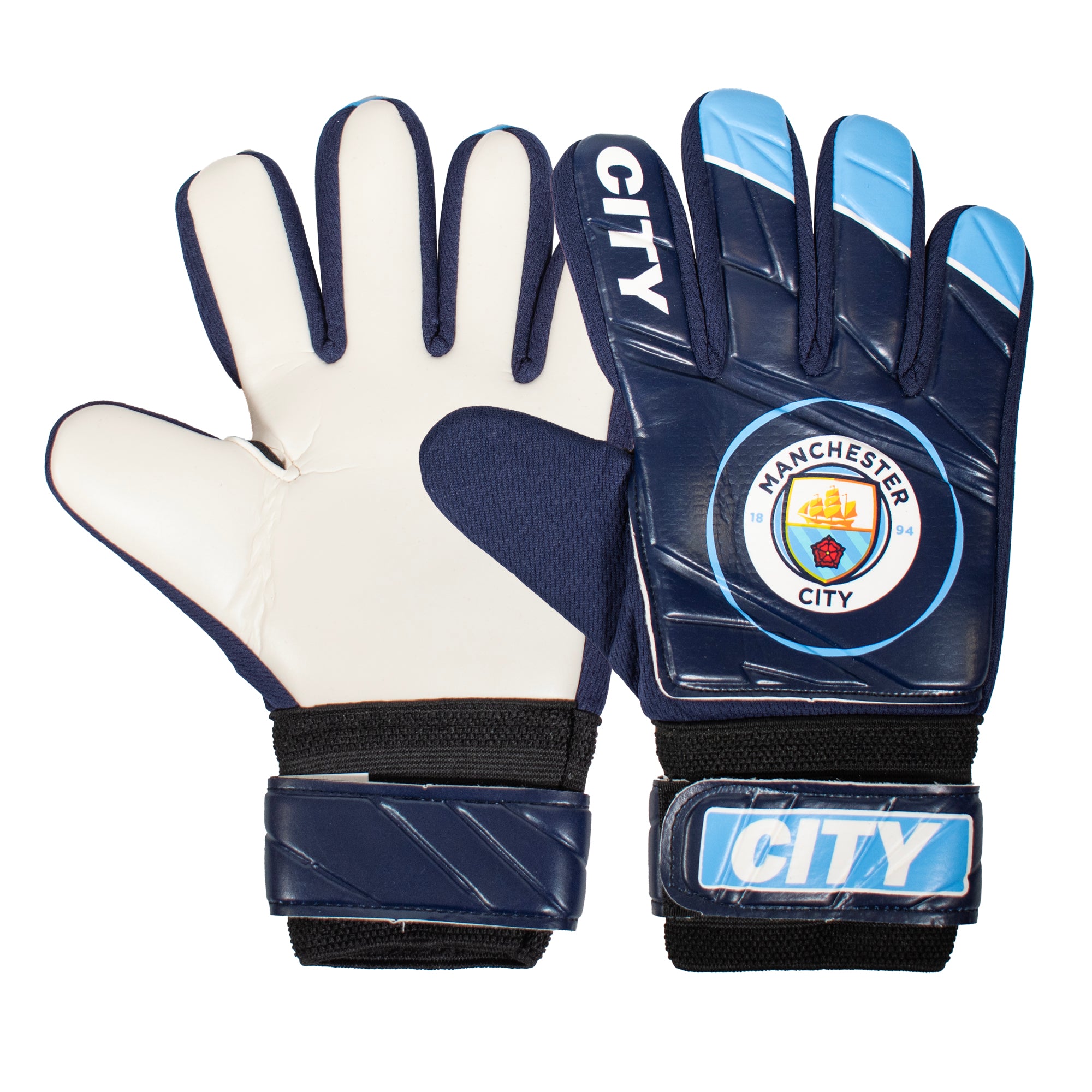 Man City size 4 blue ball with club crest & text. MCFC crest & players text print to each glove.