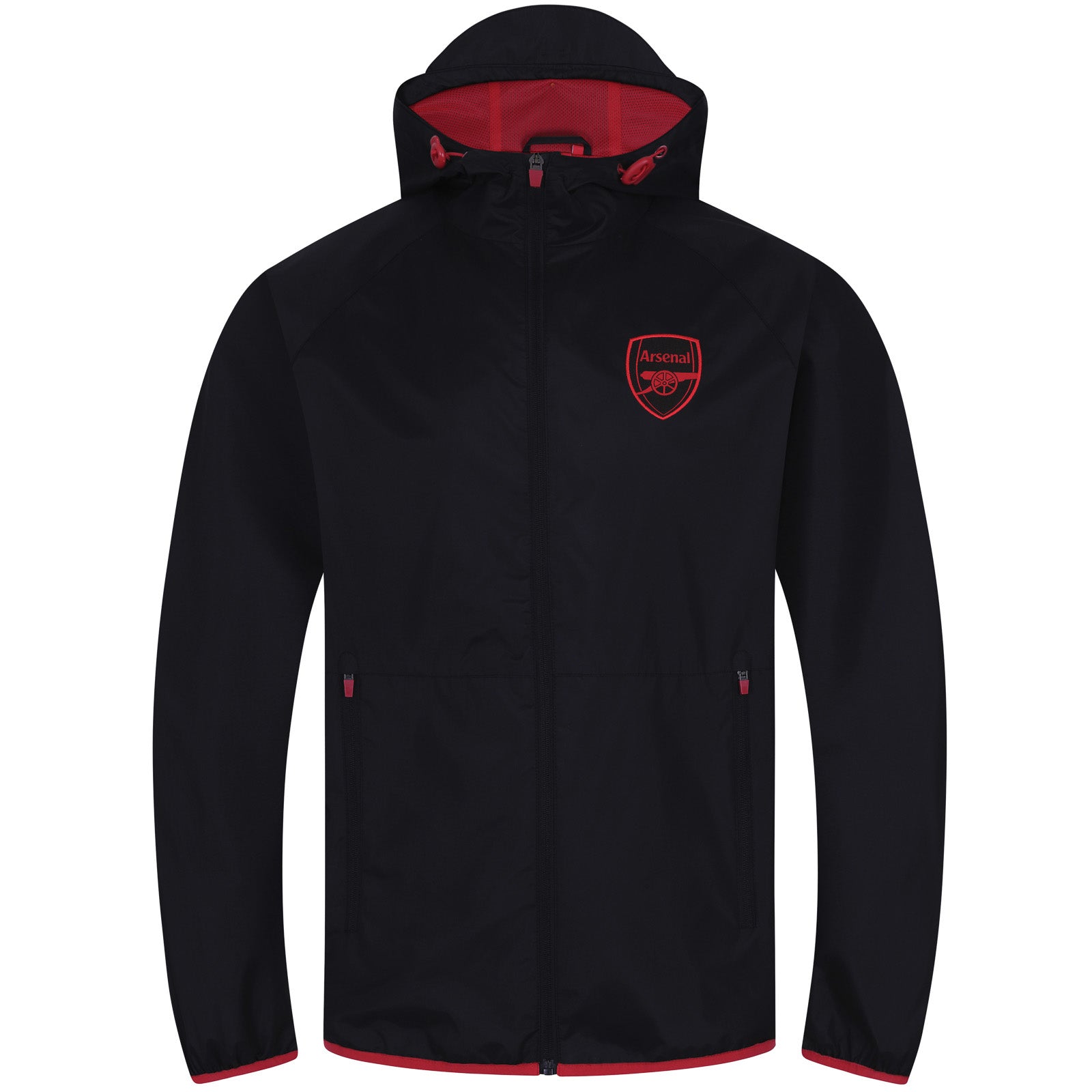 Arsenal adults shower jacket with hood in grey with club crest to chest.