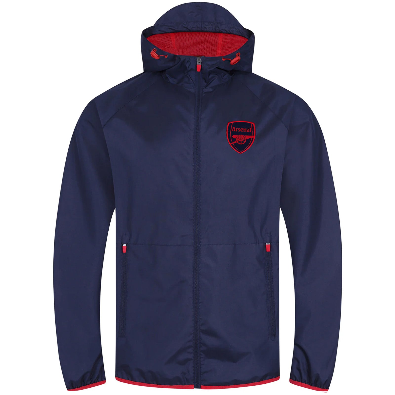 Arsenal adults shower jacket with hood in navy with club crest to chest.