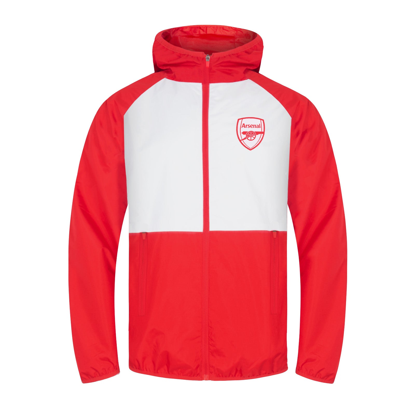 Arsenal adults shower jacket with hood in red & white with club crest to chest.