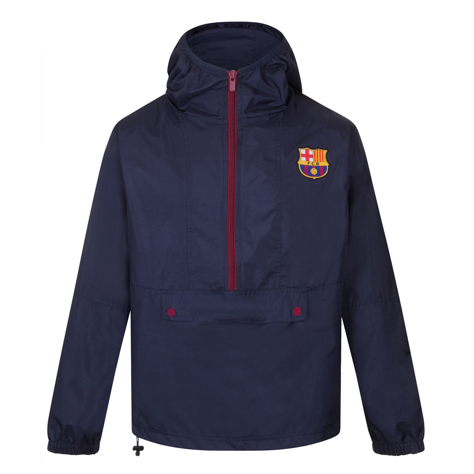 FC Barcelona adults half zip shower jacket in navy blue with a FCB club crest to chest.