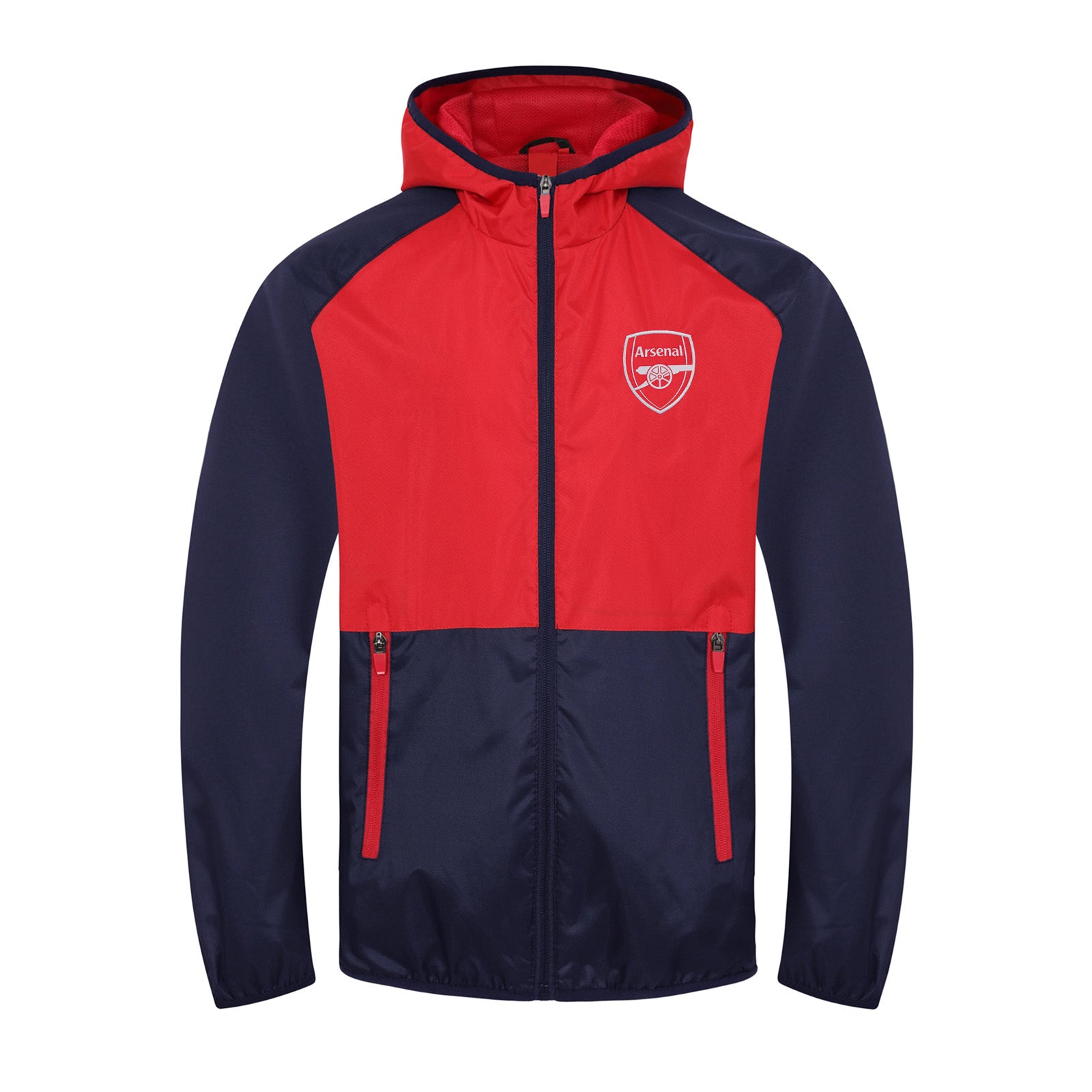 Arsenal adults shower jacket with hood in navy & red with club crest to chest.