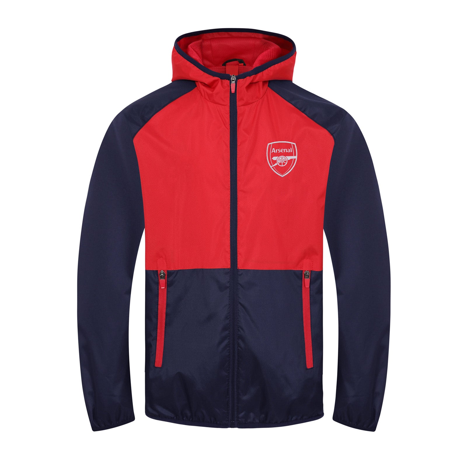Arsenal adults shower jacket with hood in navy & red with club crest to chest.