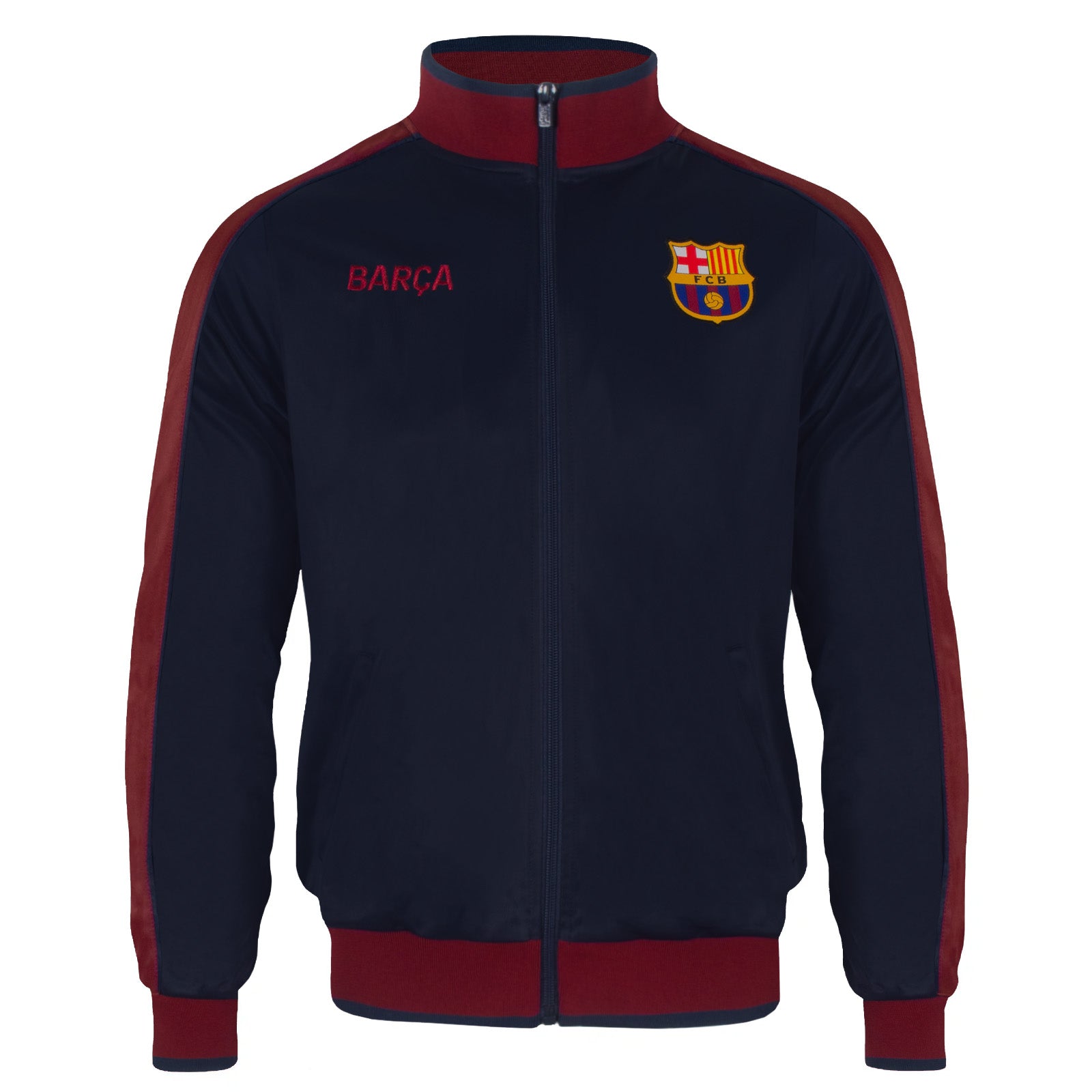 FC Barcelona kids retro track jacket in navy blue with FCB badge to chest.