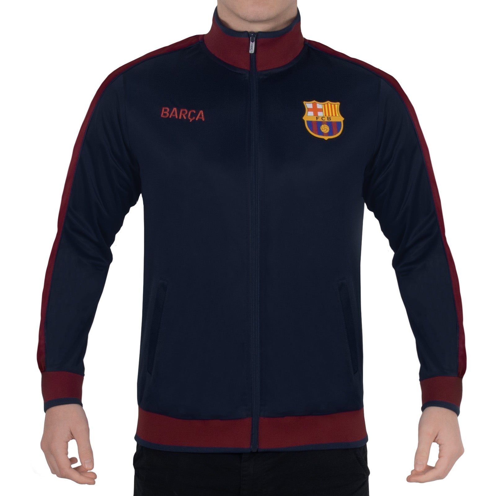 FC Barcelona adults retro track jacket in navy blue with club crest to chest.