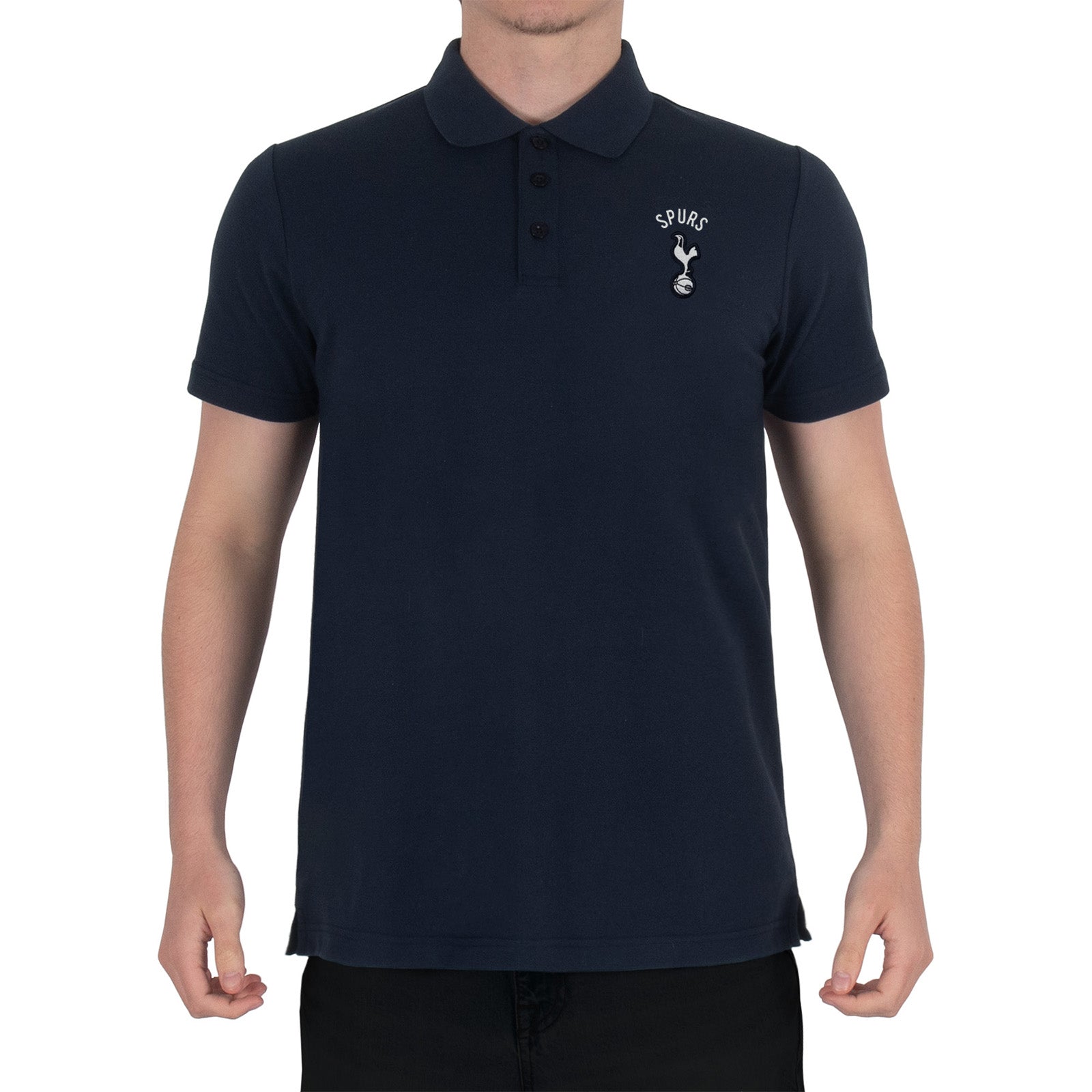 Spurs adults polo shirt in navy blue with Spurs badge and text to chest.