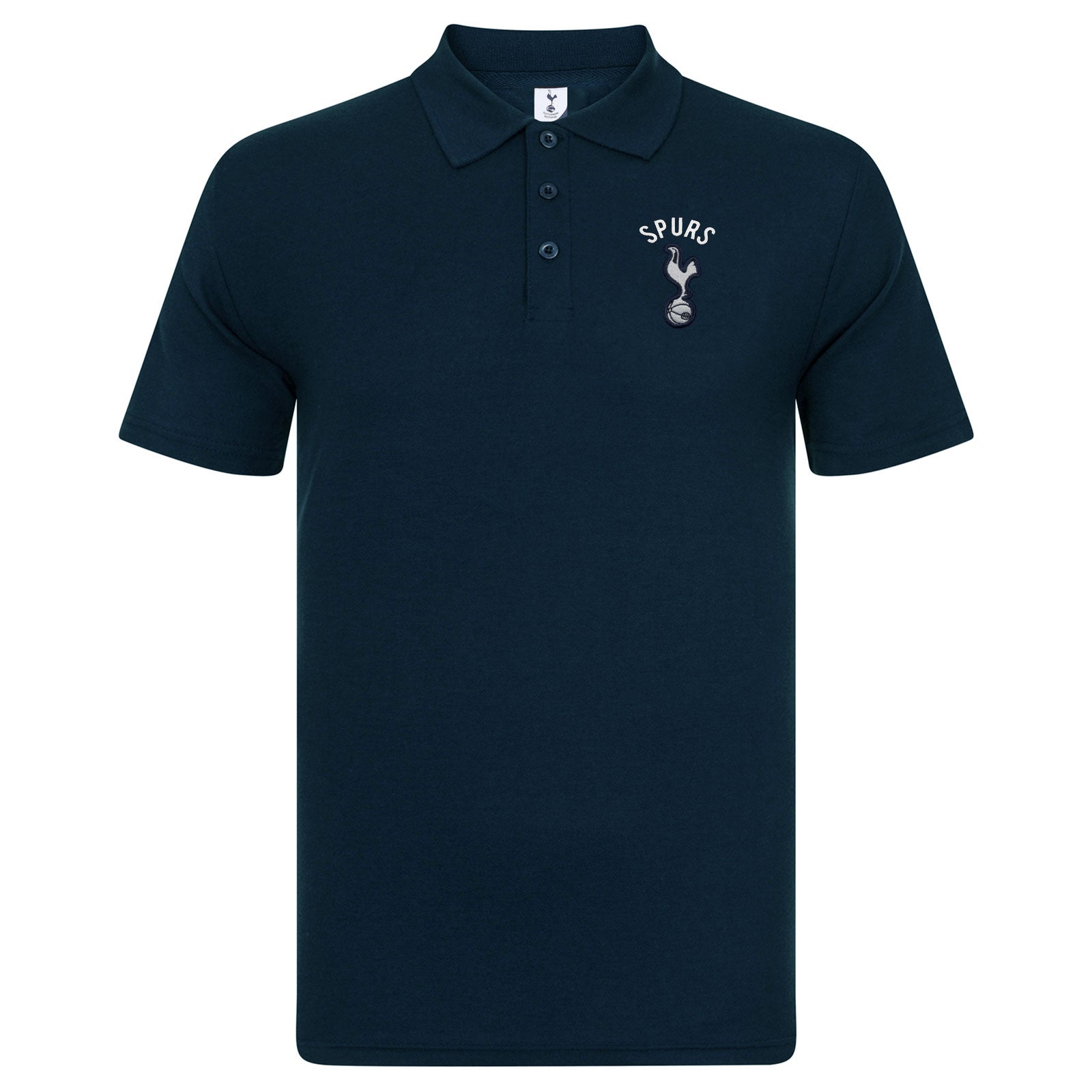 Spurs adults polo shirt in navy blue with Spurs badge and text to chest.