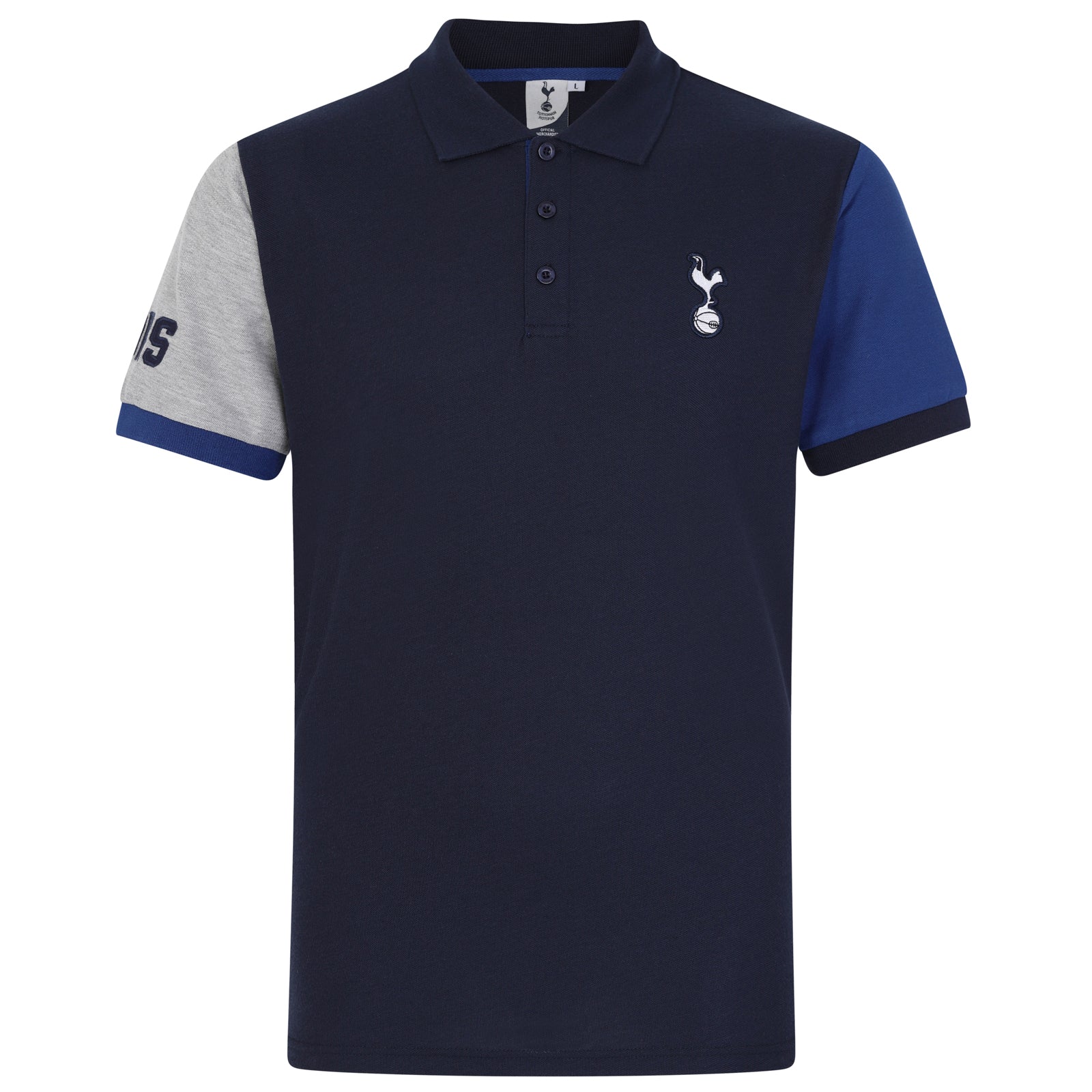 Spurs adults polo shirt in navy blue with contrast sleeve and Spurs badge and text to chest.