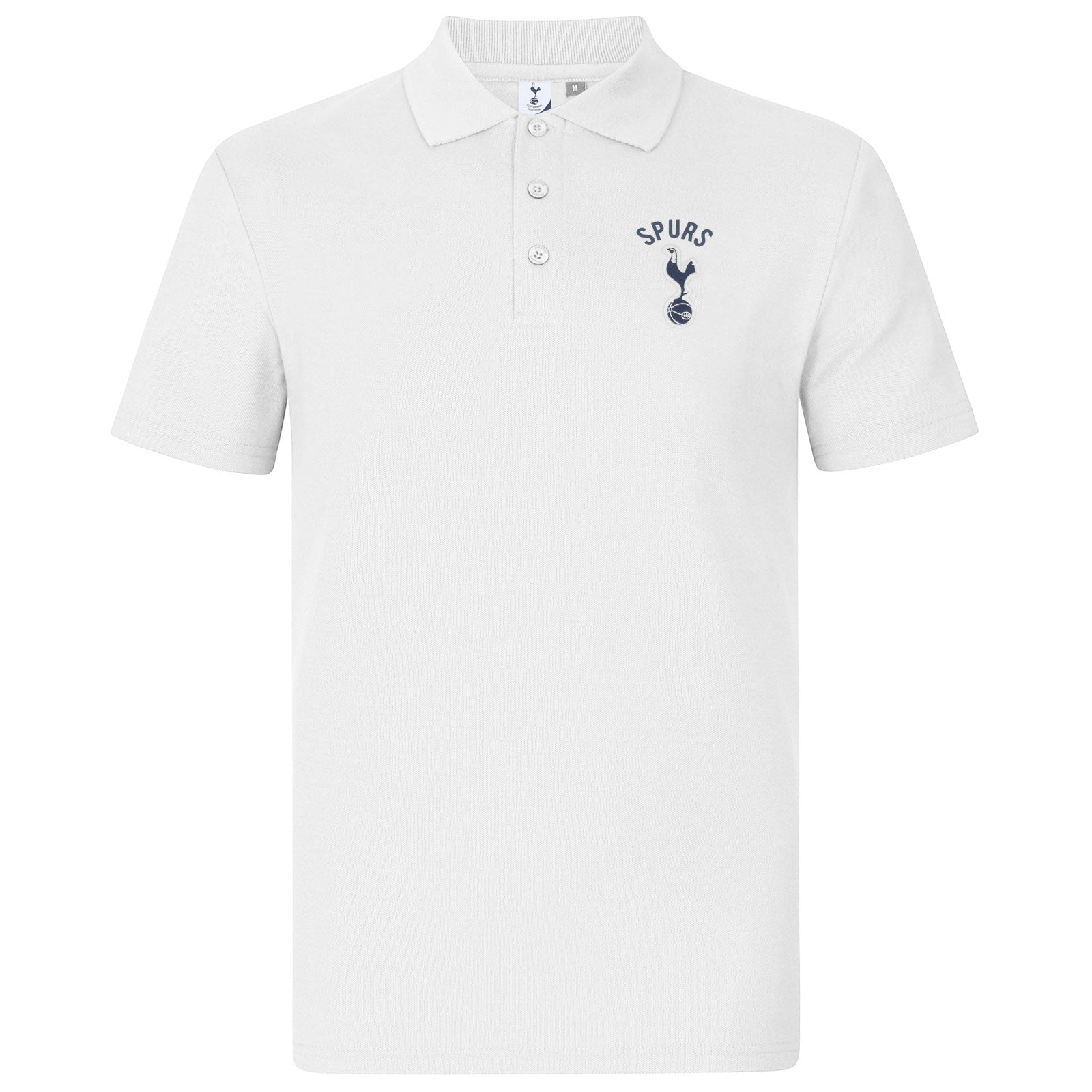 Spurs adults polo shirt in white with Spurs badge and text to chest.