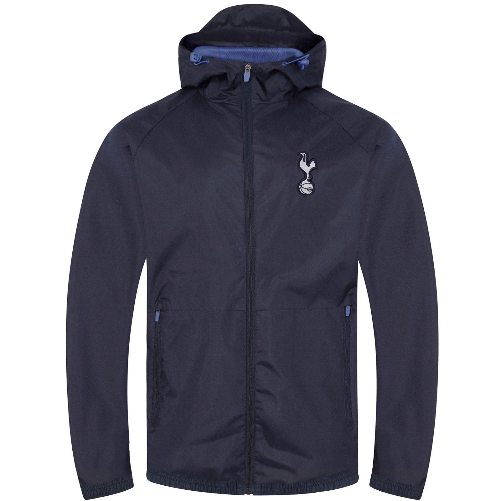 Spurs adults hooded shower jacket in navy with club crest to the chest.