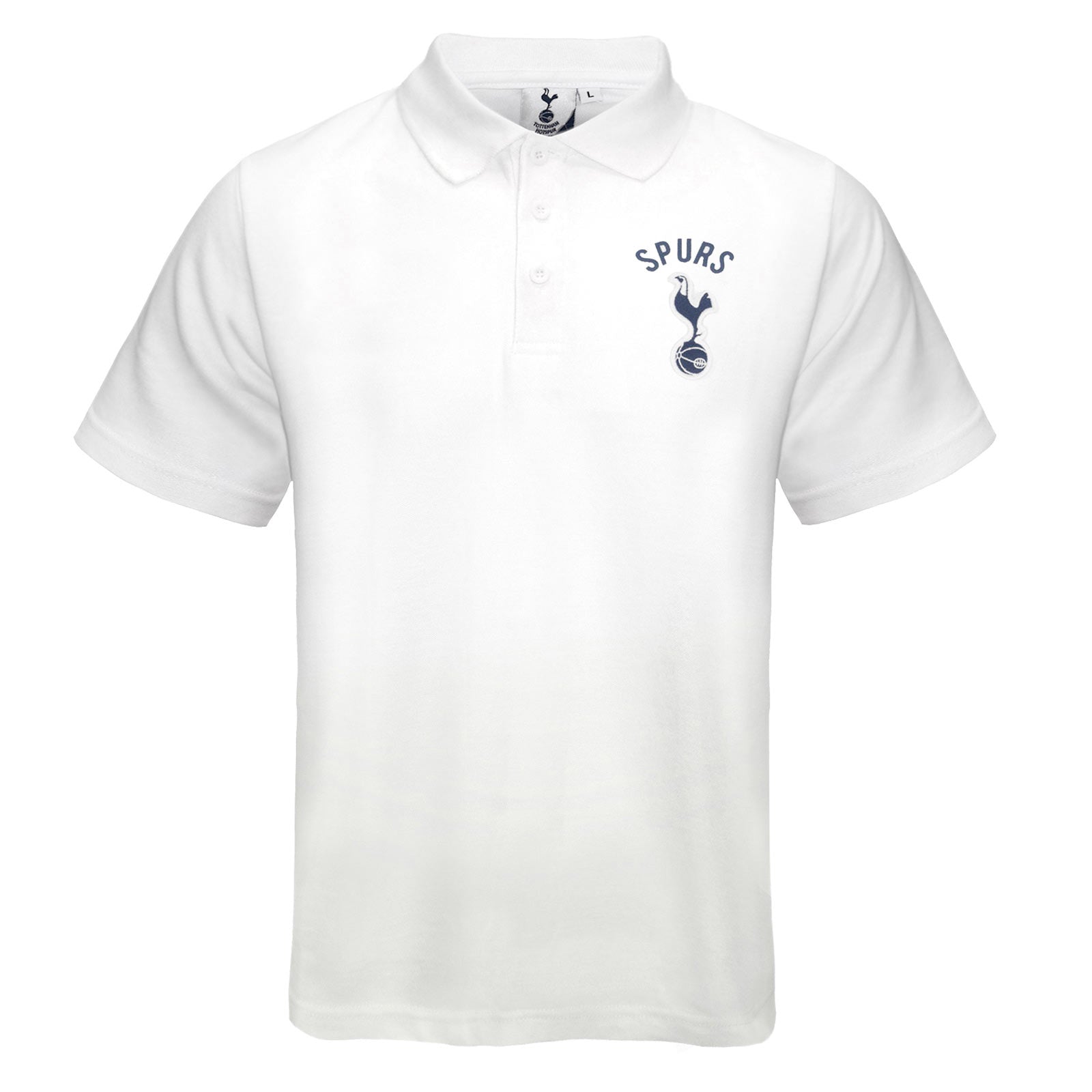 Spurs kids polo shirt in white with Spurs badge and text to chest.