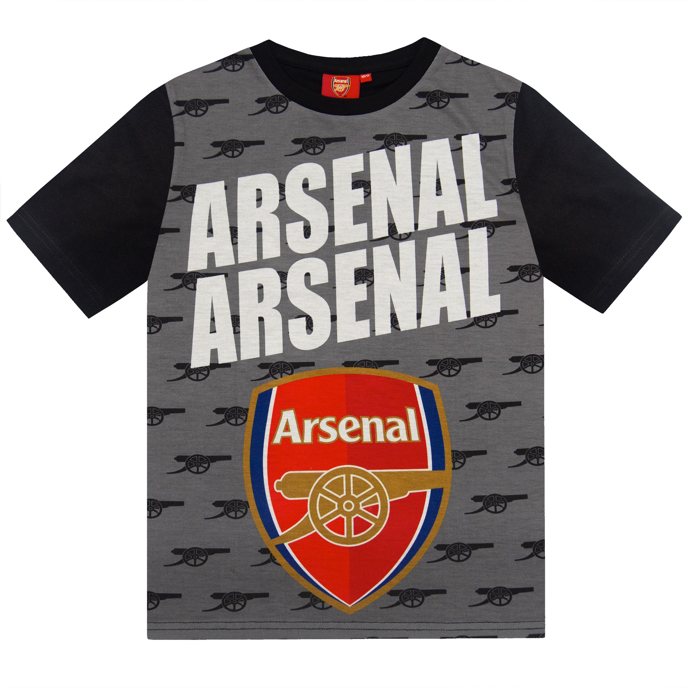 Arsenal kids pyjamas. Short sleeve top in red with branded graphic and pyjama shorts in blue with AFC logo to the left leg