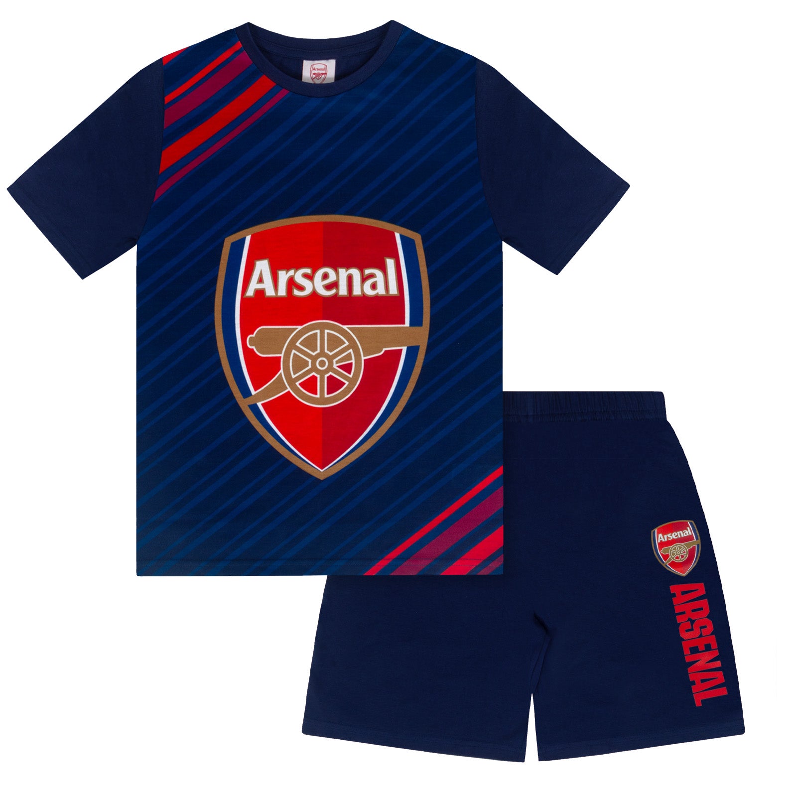 Arsenal kids pyjamas. Short sleeve top in navy blue with large graphic Arsenal club crest and pyjama shorts in navy with club crest and text to the left leg