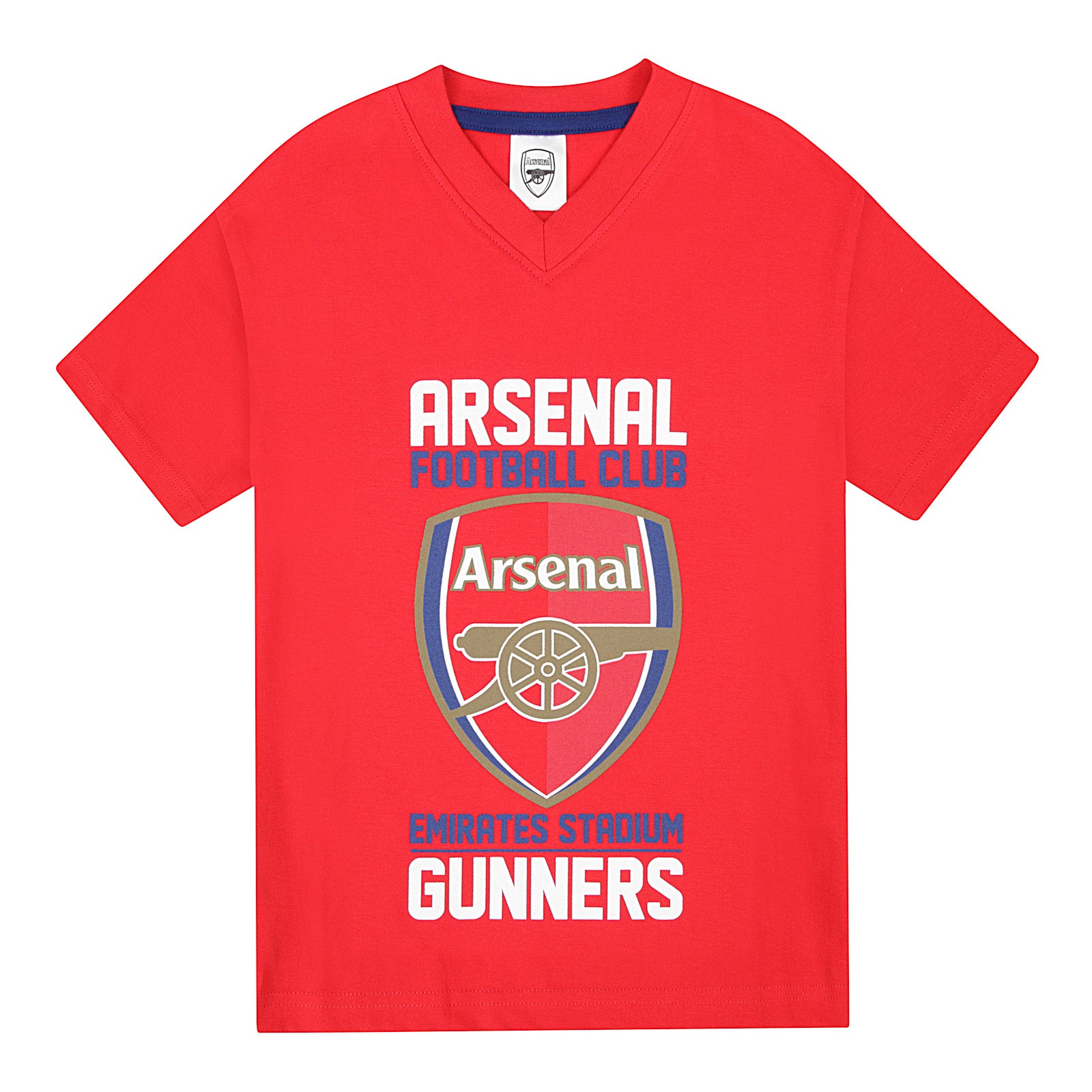 Arsenal kids pyjamas. Short sleeve top in red with branded graphic and pyjama shorts in blue with AFC logo to the left leg