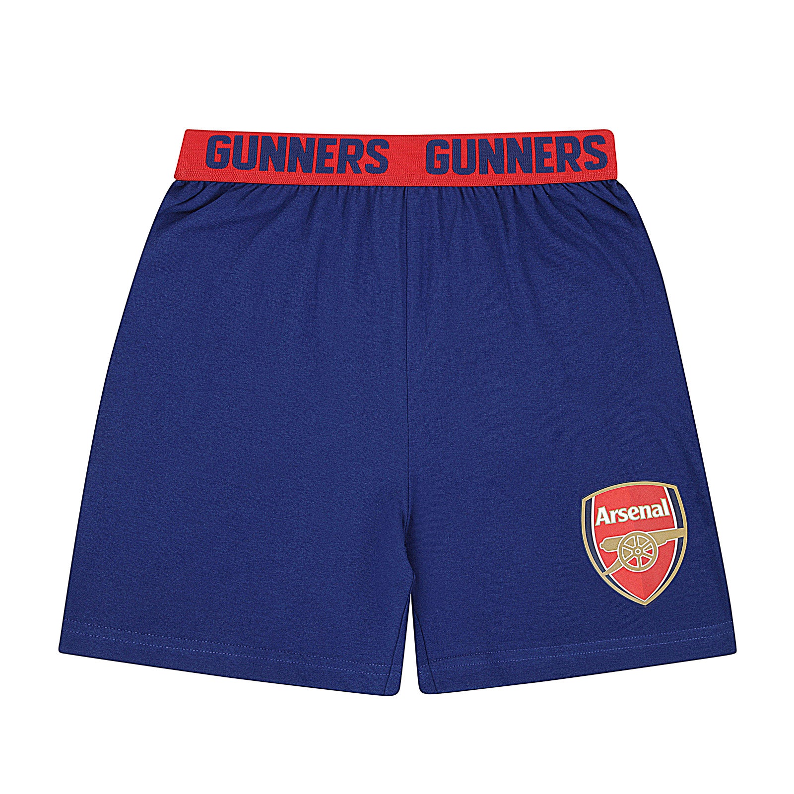 Arsenal kids pyjamas. Short sleeve top in red with branded graphic and pyjama shorts in blue with AFC logo to the left leg