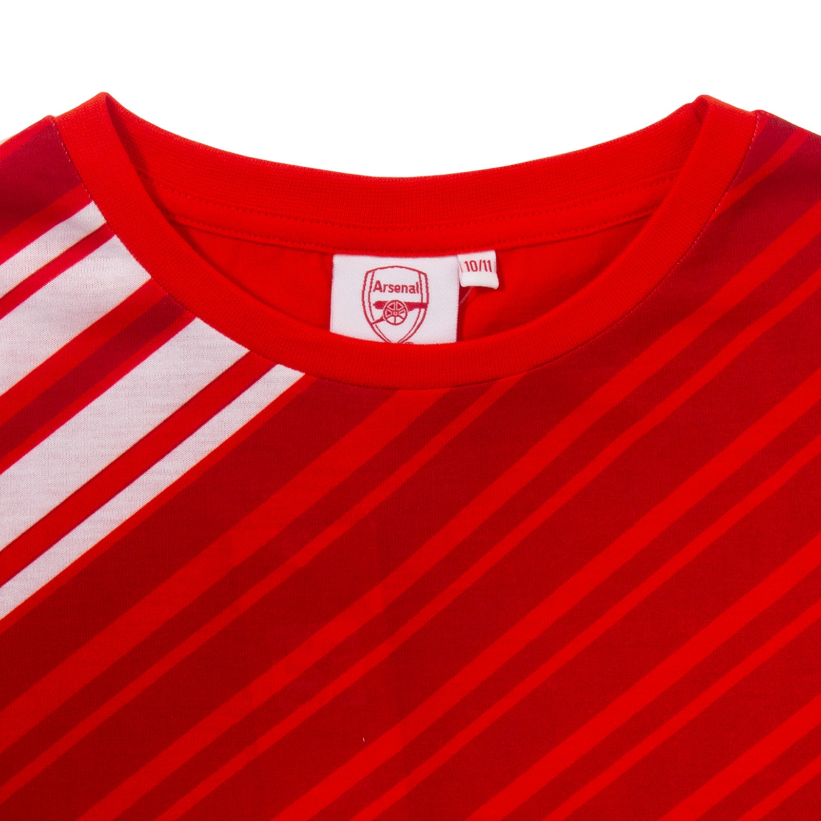 Arsenal kids pyjamas. Short sleeve top in red with large graphic Arsenal club crest and pyjama shorts in red with club crest and text to the left leg