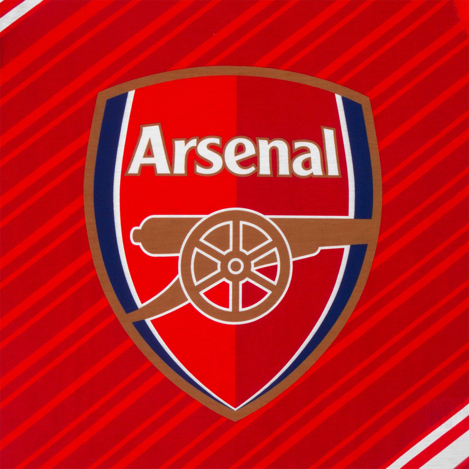 Arsenal kids pyjamas. Short sleeve top in red with large graphic Arsenal club crest and pyjama shorts in red with club crest and text to the left leg