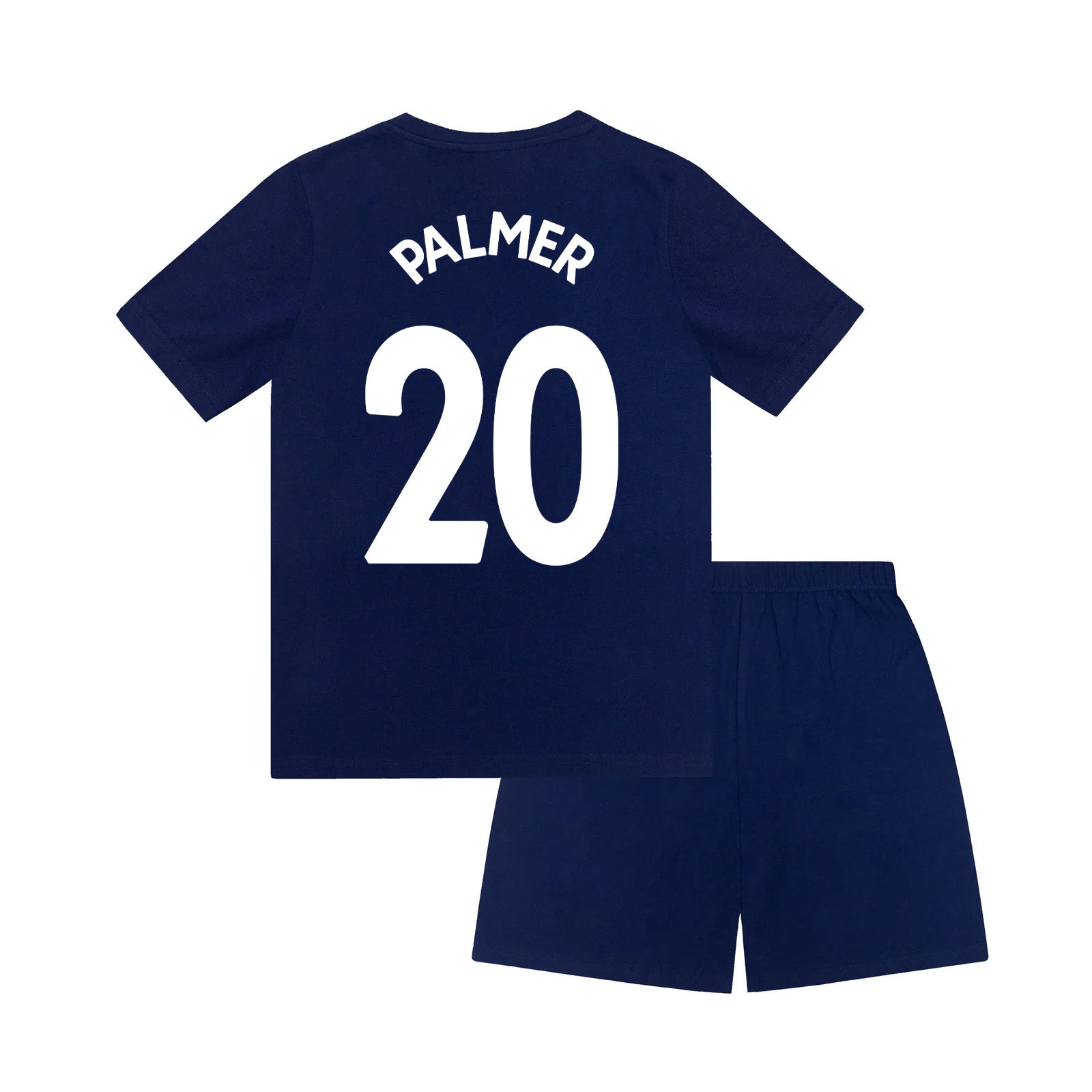 Chelsea kids pyjamas in blue. Short sleeve top with Chelsea branded graphic and shorts with CFC logo to the left leg