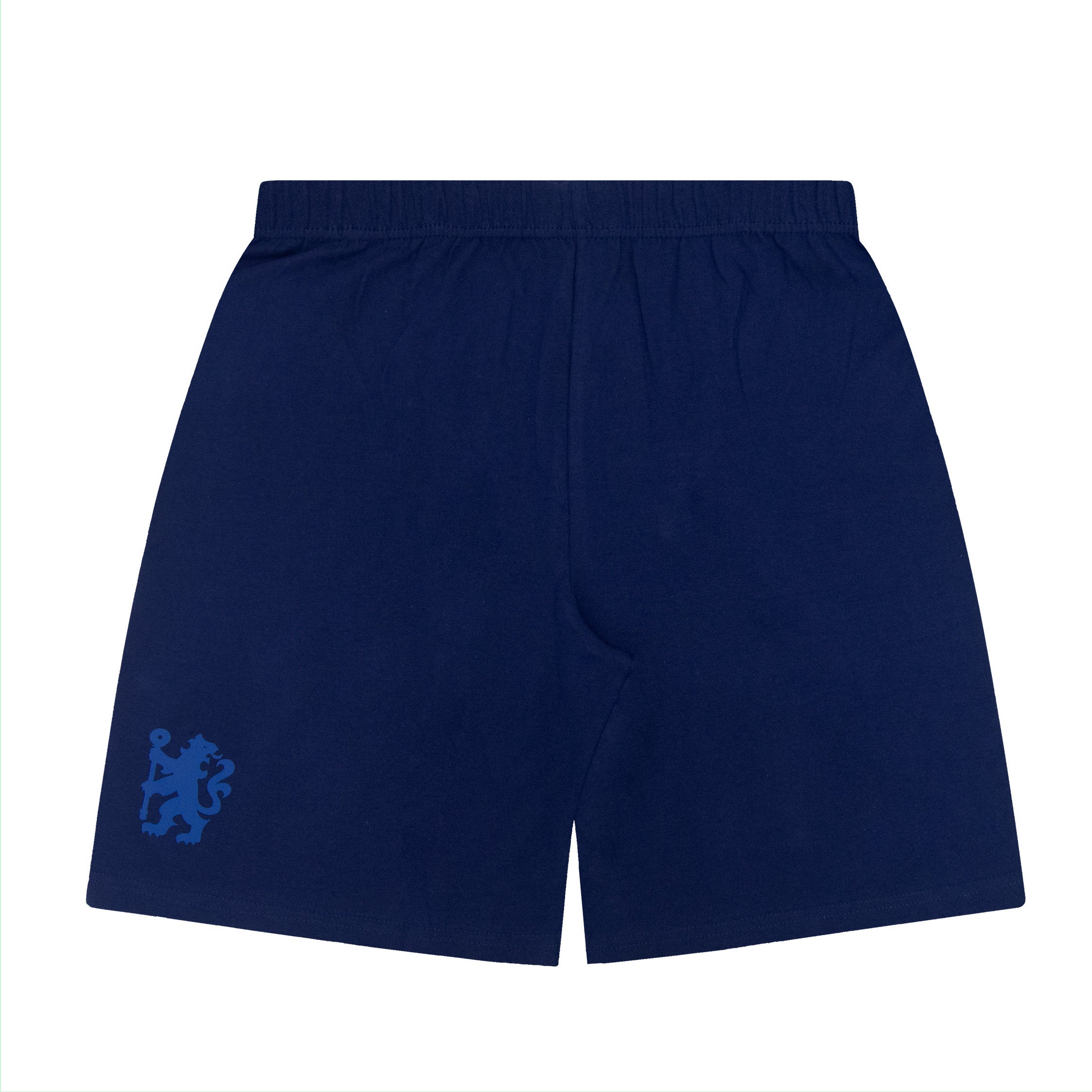 Chelsea kids pyjamas in blue. Short sleeve top with Chelsea branded graphic and shorts with CFC logo to the left leg