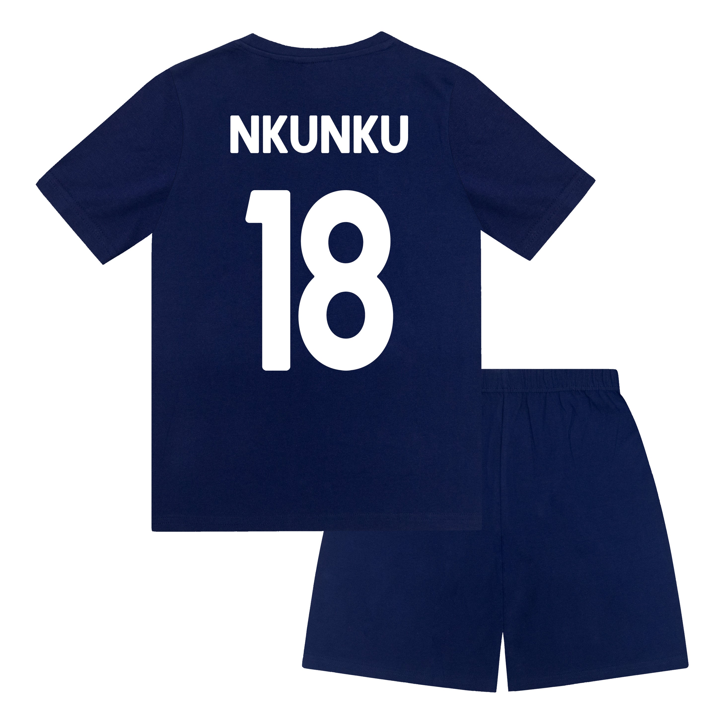 Chelsea kids pyjamas in blue. Short sleeve top with Chelsea branded graphic and shorts with CFC logo to the left leg