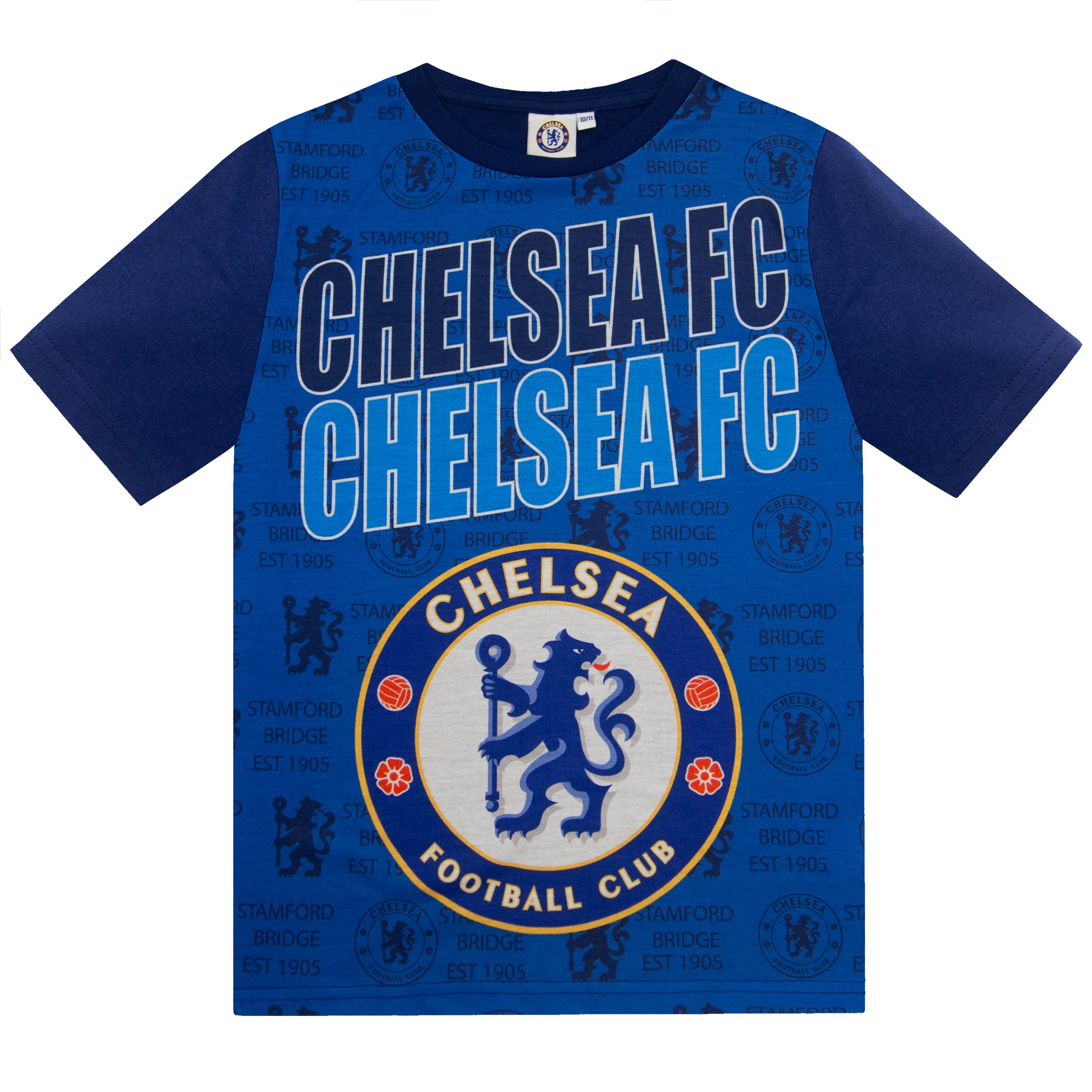 Chelsea kids pyjamas in blue. Short sleeve top with Chelsea branded graphic and shorts with CFC logo to the left leg