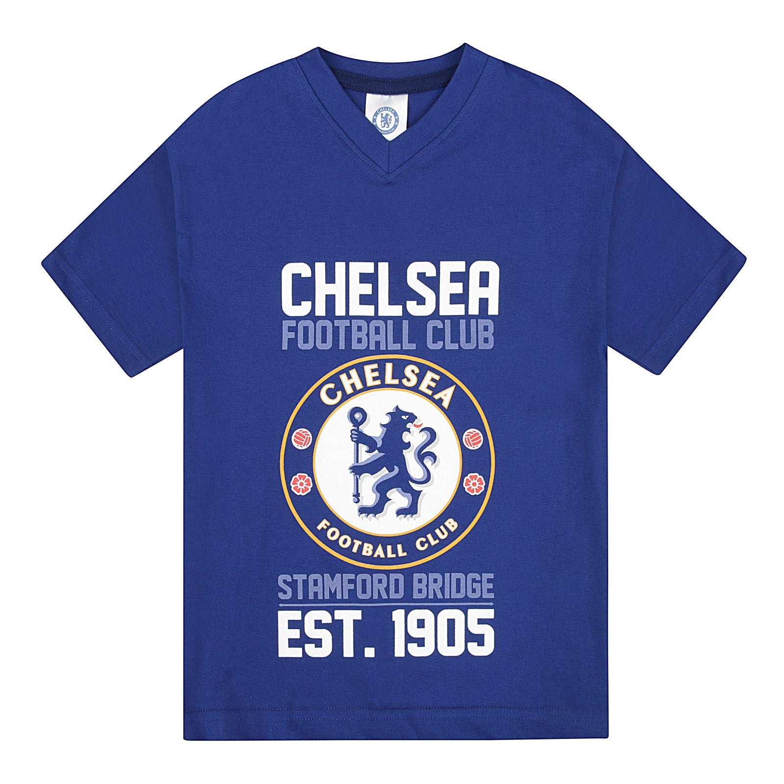 Chelsea kids pyjamas in blue. Short sleeve top with Chelsea branded graphic and shorts with CFC logo to the left leg