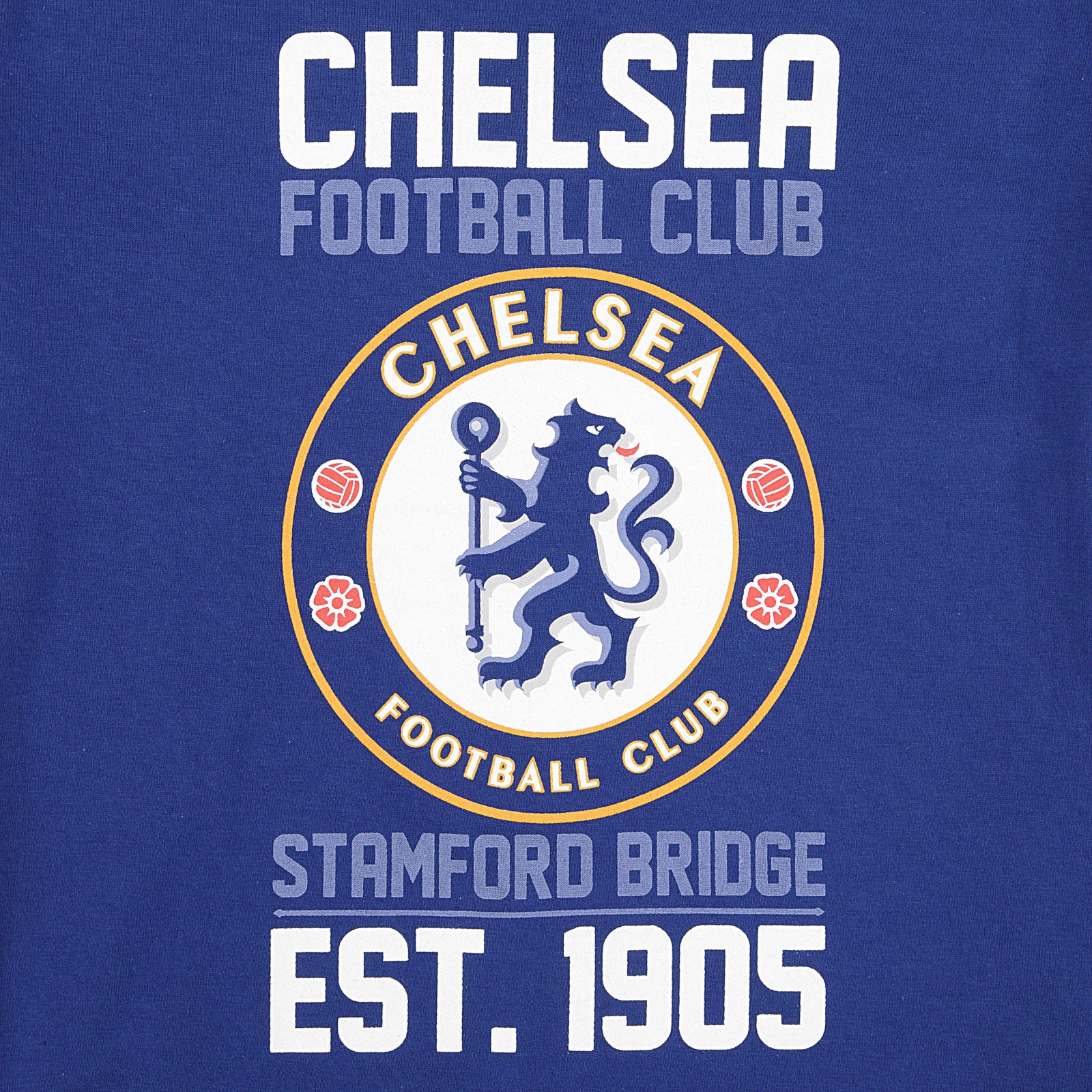 Chelsea kids pyjamas in blue. Short sleeve top with Chelsea branded graphic and shorts with CFC logo to the left leg