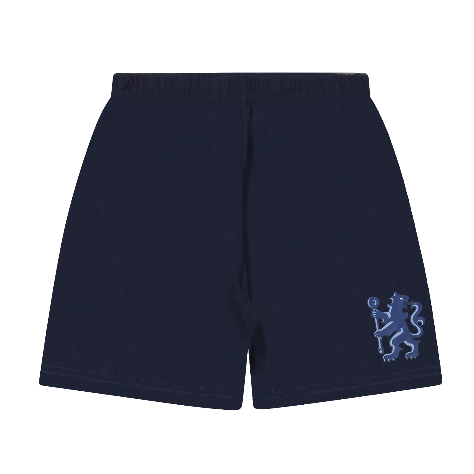 Chelsea kids pyjamas in navy blue. Short sleeve top with Chelsea branded graphic and shorts with CFC logo to the left leg