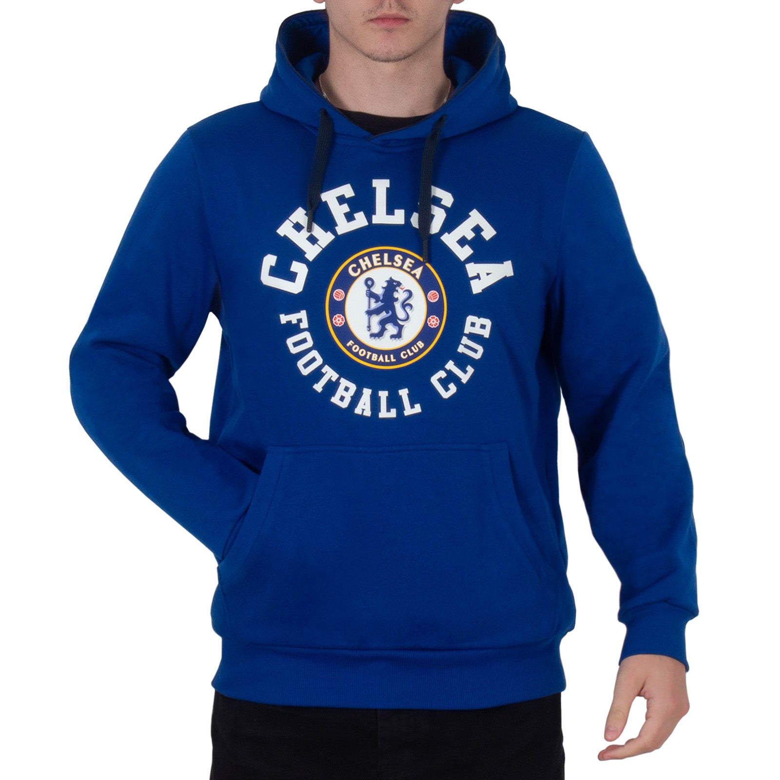 Chelsea adults hoodie in royal blue with the club crest & text print to front.