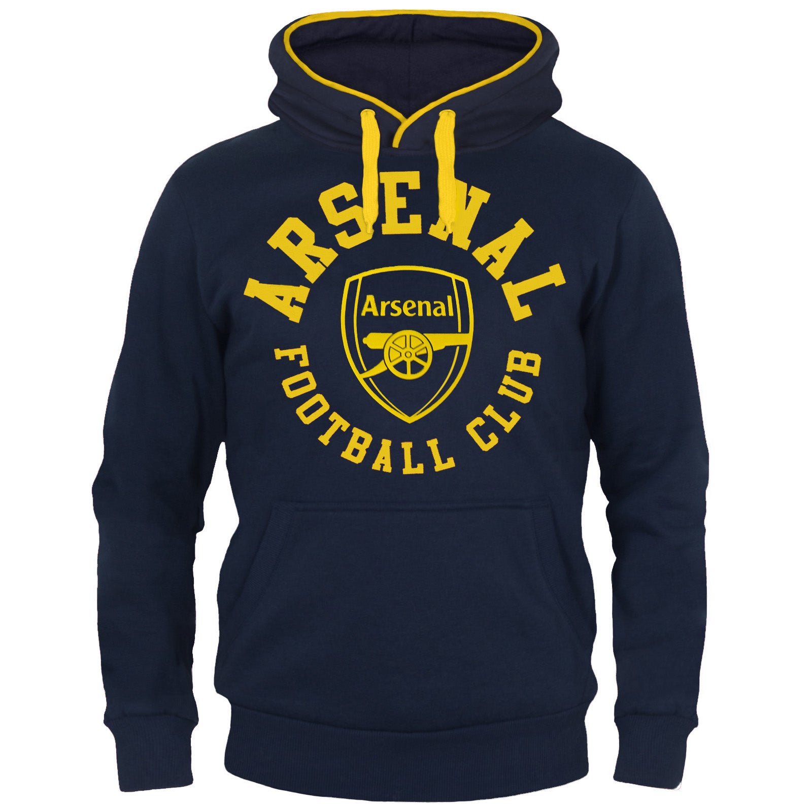 Arsenal adults graphic hoodie in navy & yellow with Gunners crest to the centre of the front.