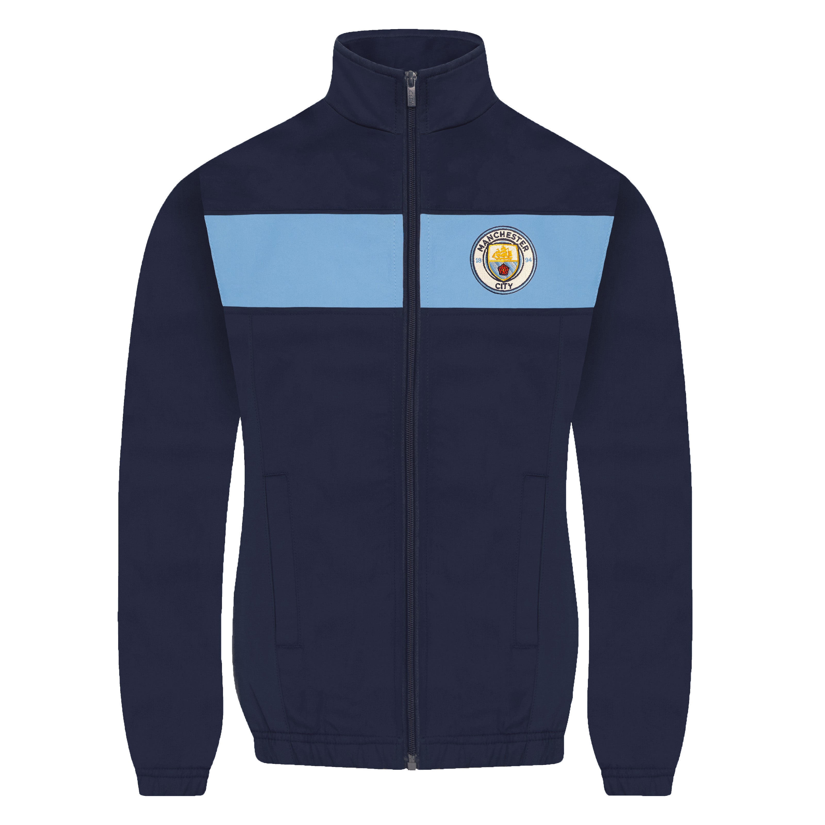 Man City kids tracksuit in navy & sky blue with club crest to chest and left thigh