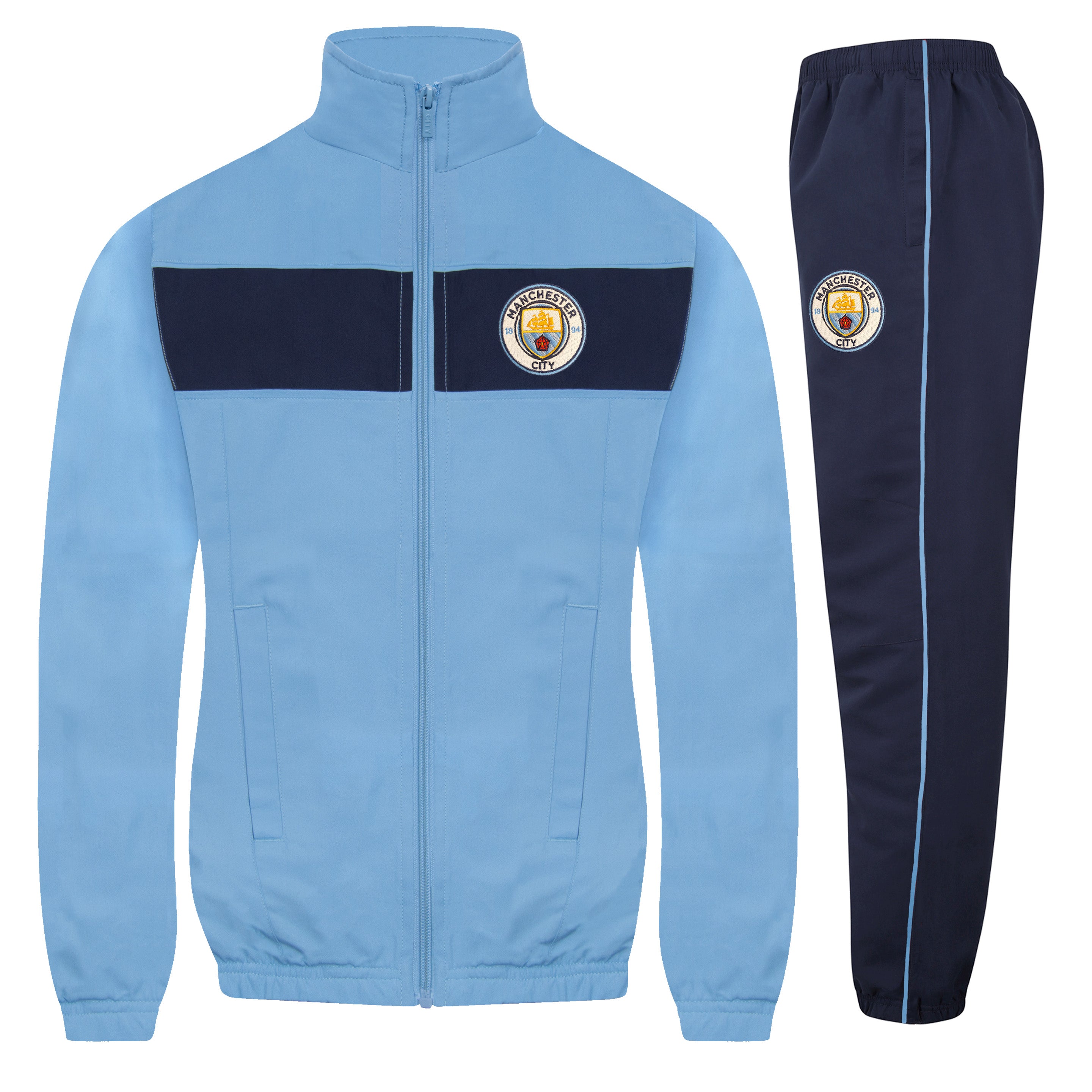 Man City kids tracksuit in navy blue with club crest to chest and left thigh