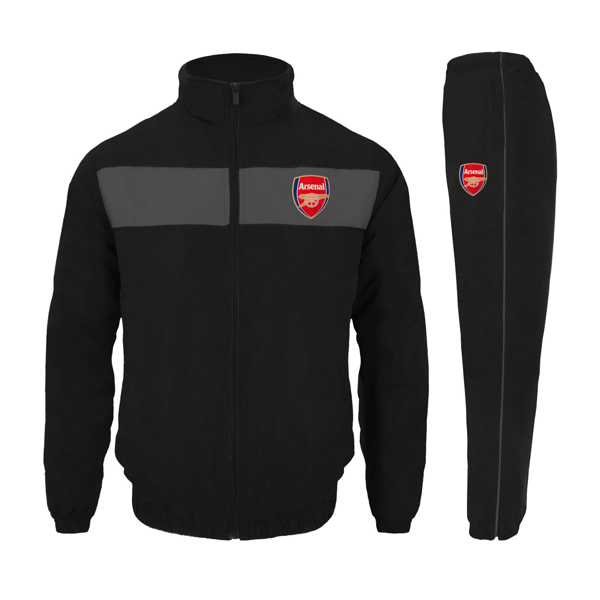 Arsenal adults tracksuit in black & grey with club crest to chest and left thigh
